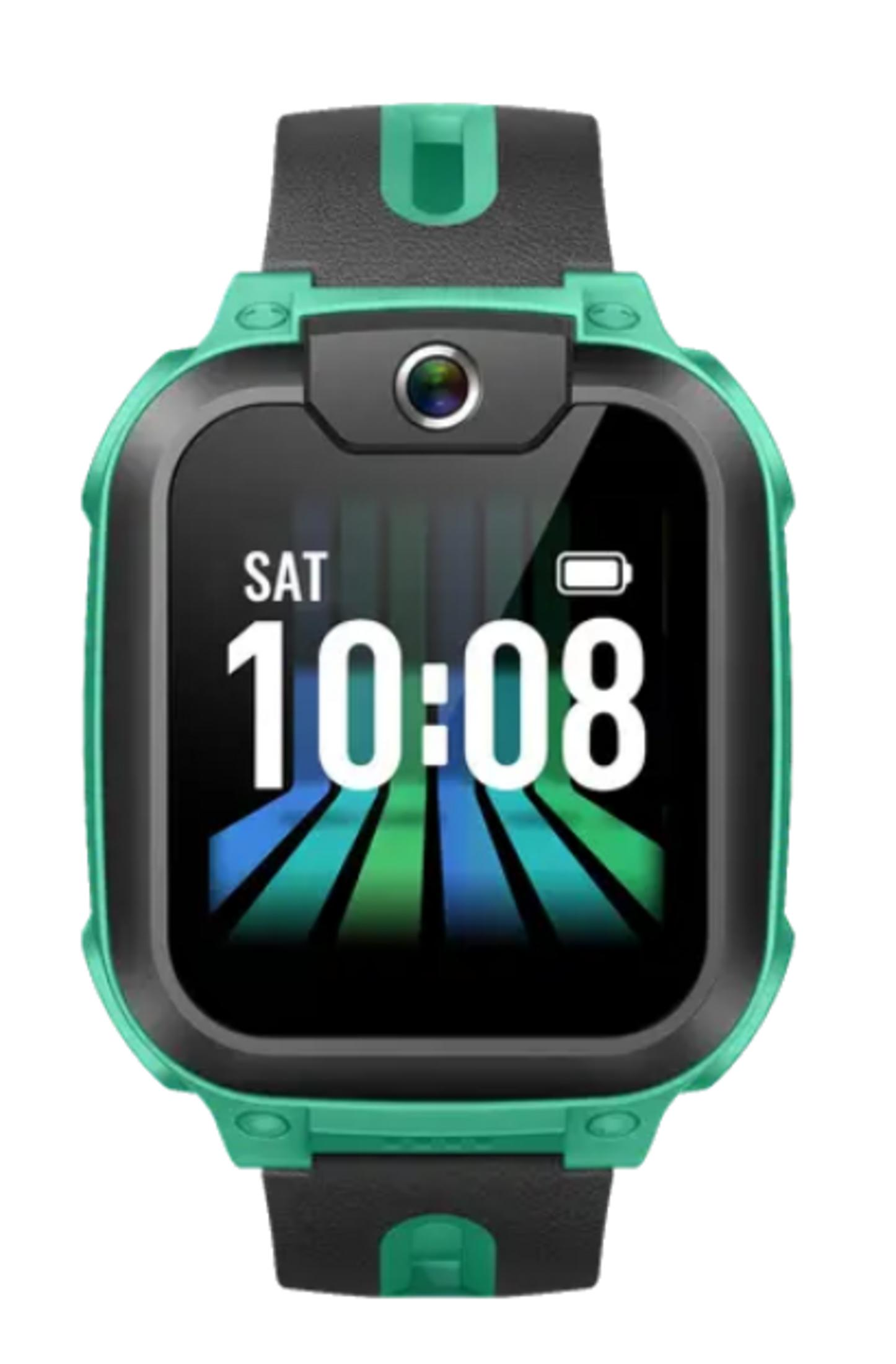 Uno smartwatch verde con cinturino nero mostra le 10:08.