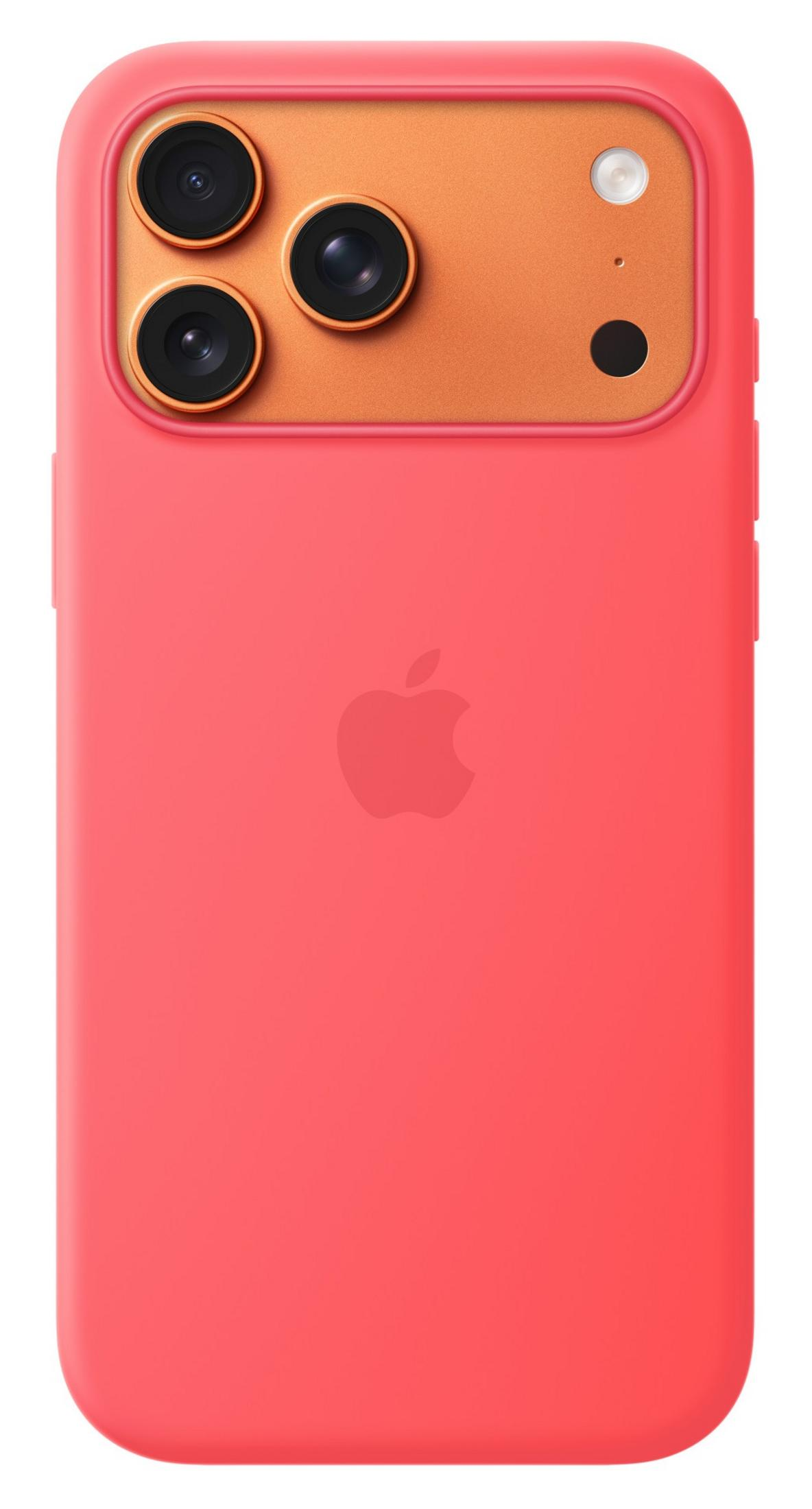 Un iPhone corallo con tripla fotocamera e logo Apple sul retro.