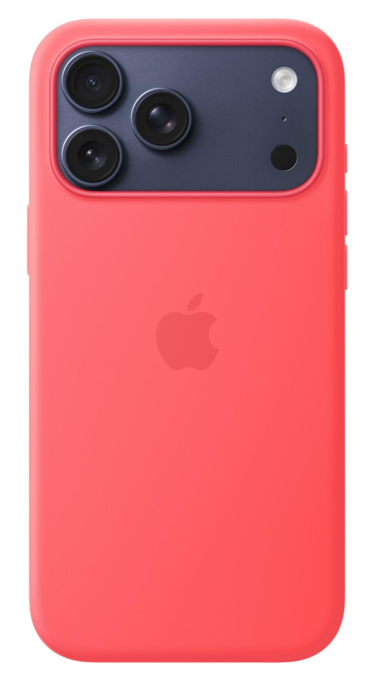 Custodia rossa per iPhone con modulo fotocamera scuro e logo Apple.