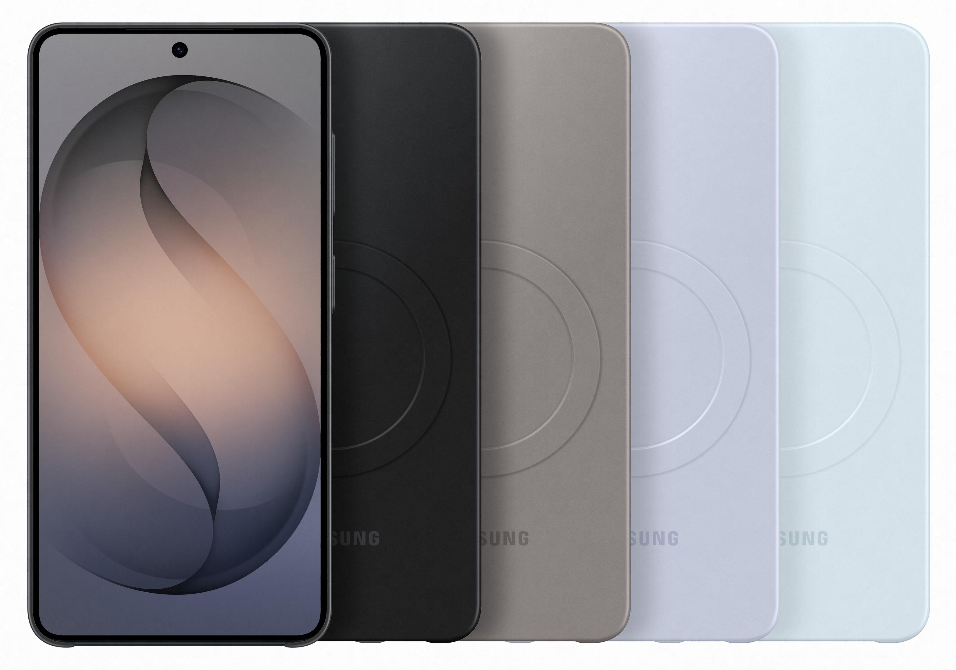 Uno smartphone con sfondo scuro e quattro custodie nere, grigie, viola e azzurro chiaro.