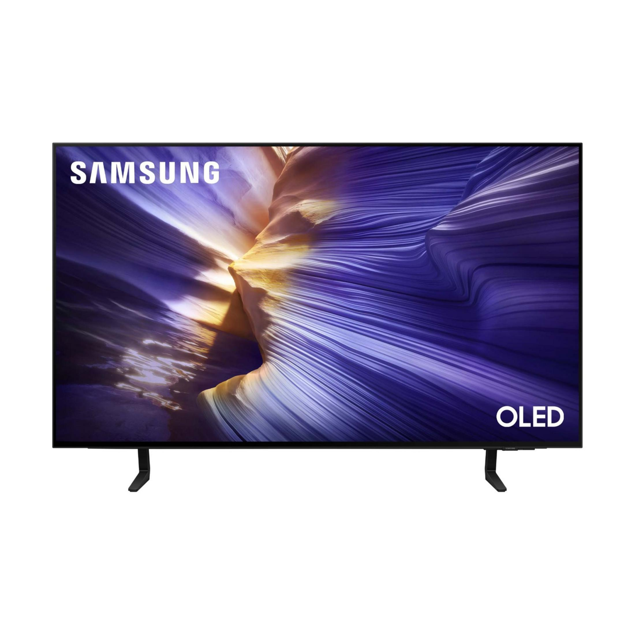 Telewizor Samsung OLED z abstrakcyjnym niebiesko-żółtym tłem i czarną podstawką.