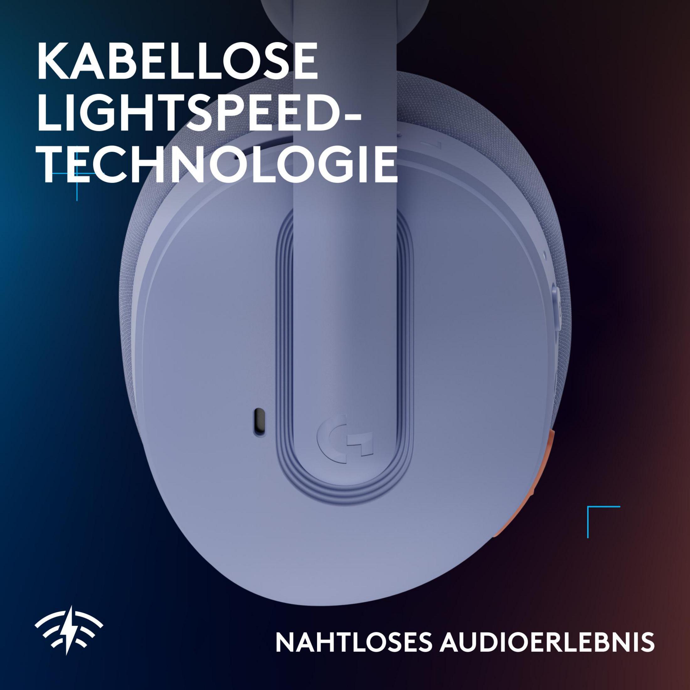 Un auricolare blu con testo 'Tecnologia Lightspeed wireless'.