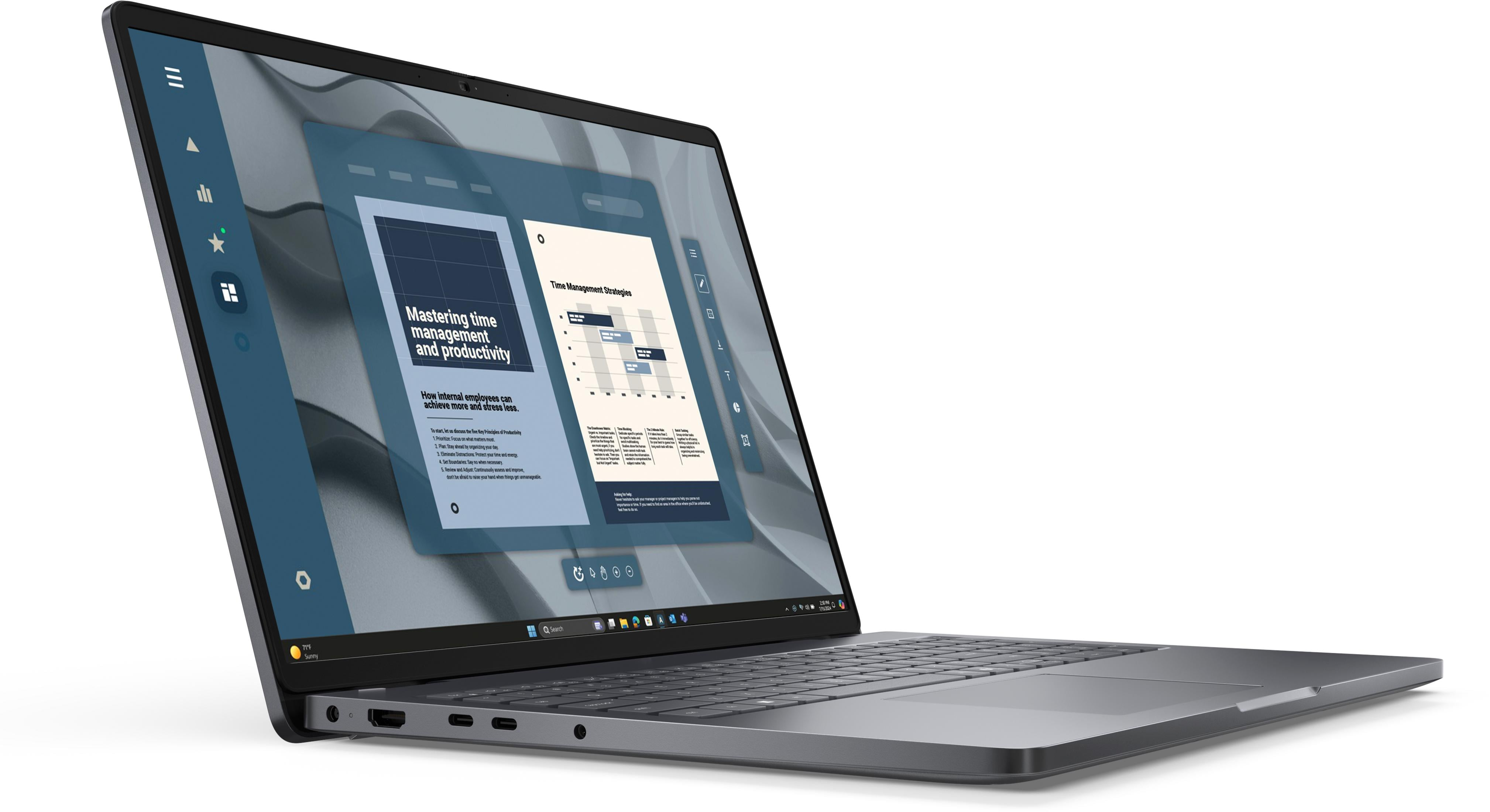 Ein graues Notebook zeigt eine Präsentation über Zeitmanagementstrategien.