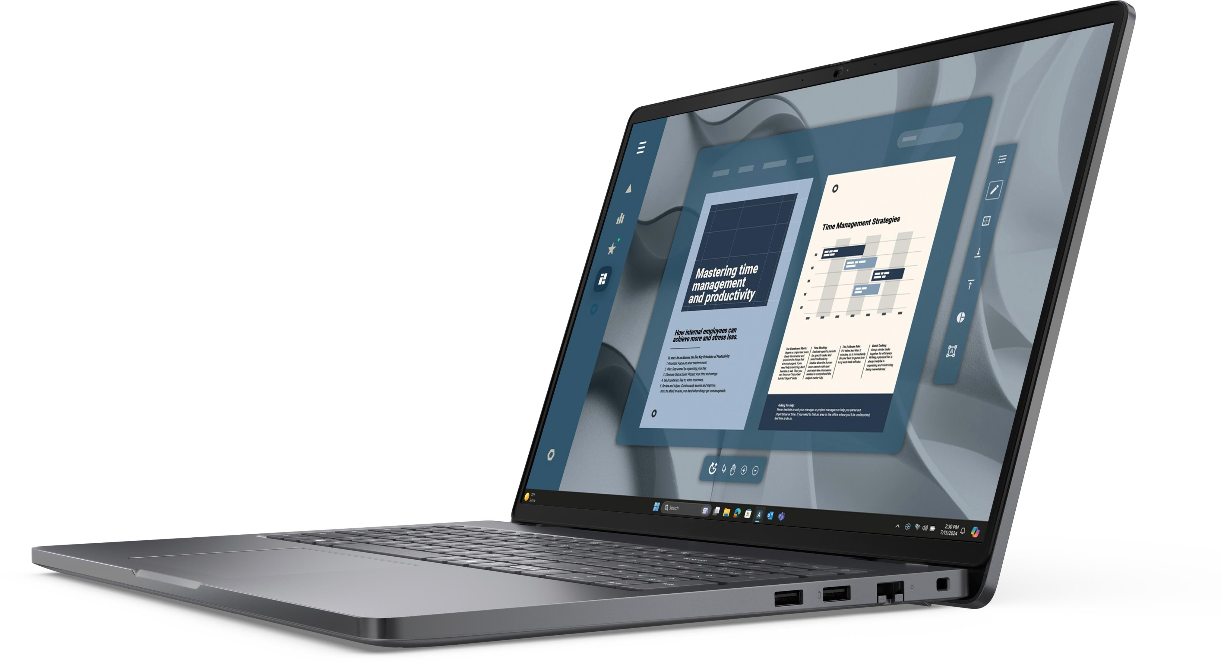 Ein graues Laptop zeigt eine Präsentation über Zeitmanagementstrategien.