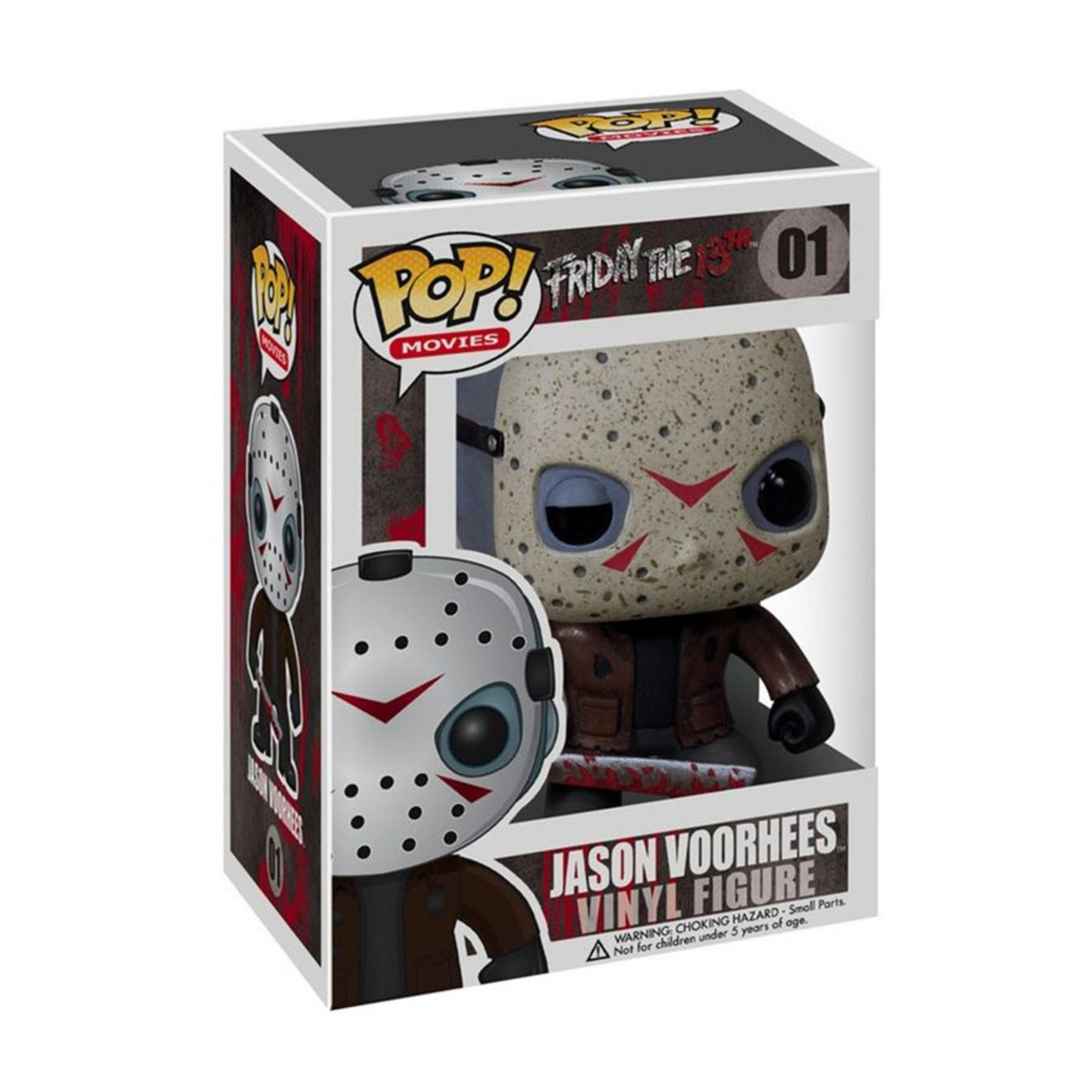 Funko Pop! Vinyl Figur von Jason Voorhees in Box, mit Maske und Machete.