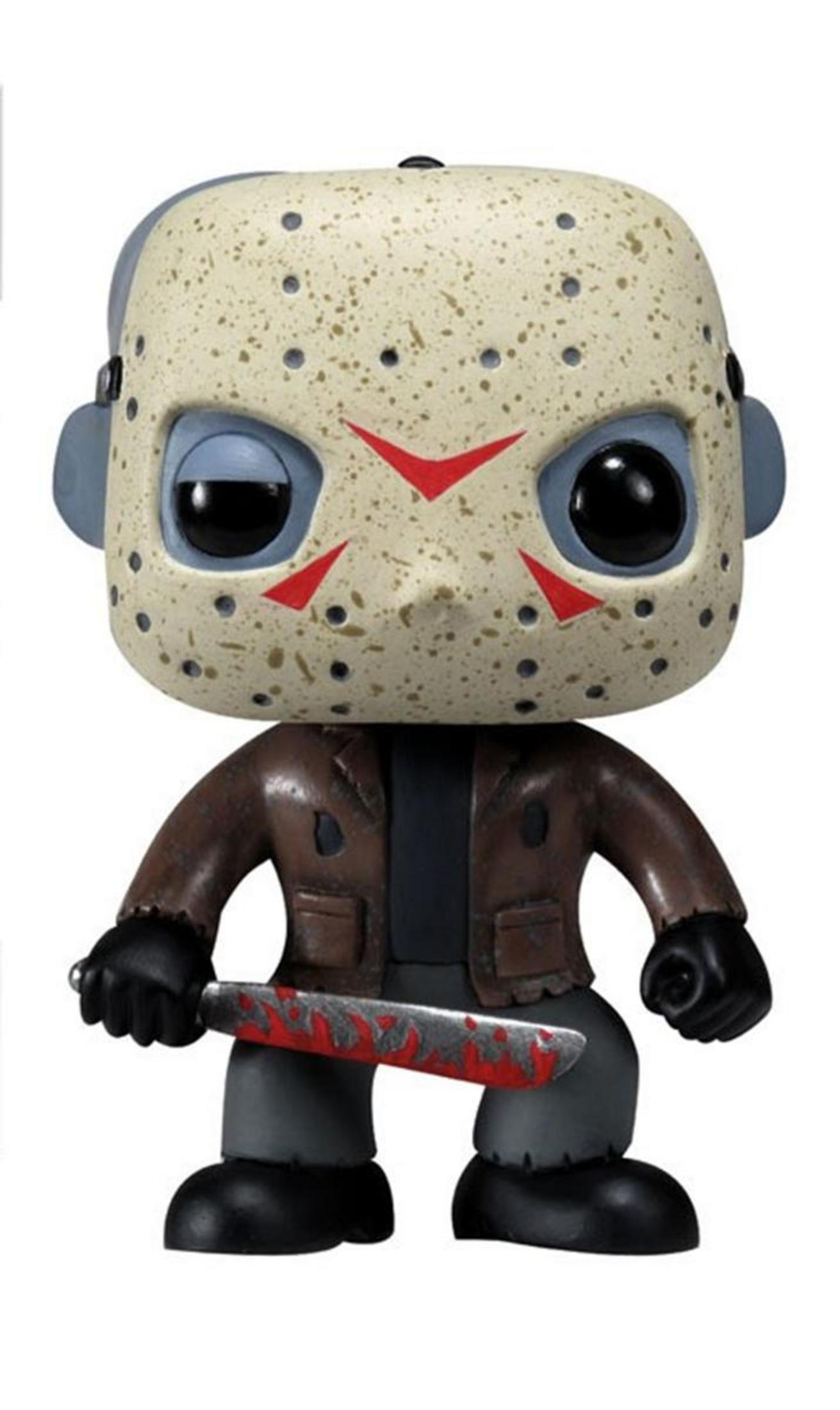 Funko Pop Figur von Jason Voorhees mit Hockeymaske, die eine blutige Machete hält.