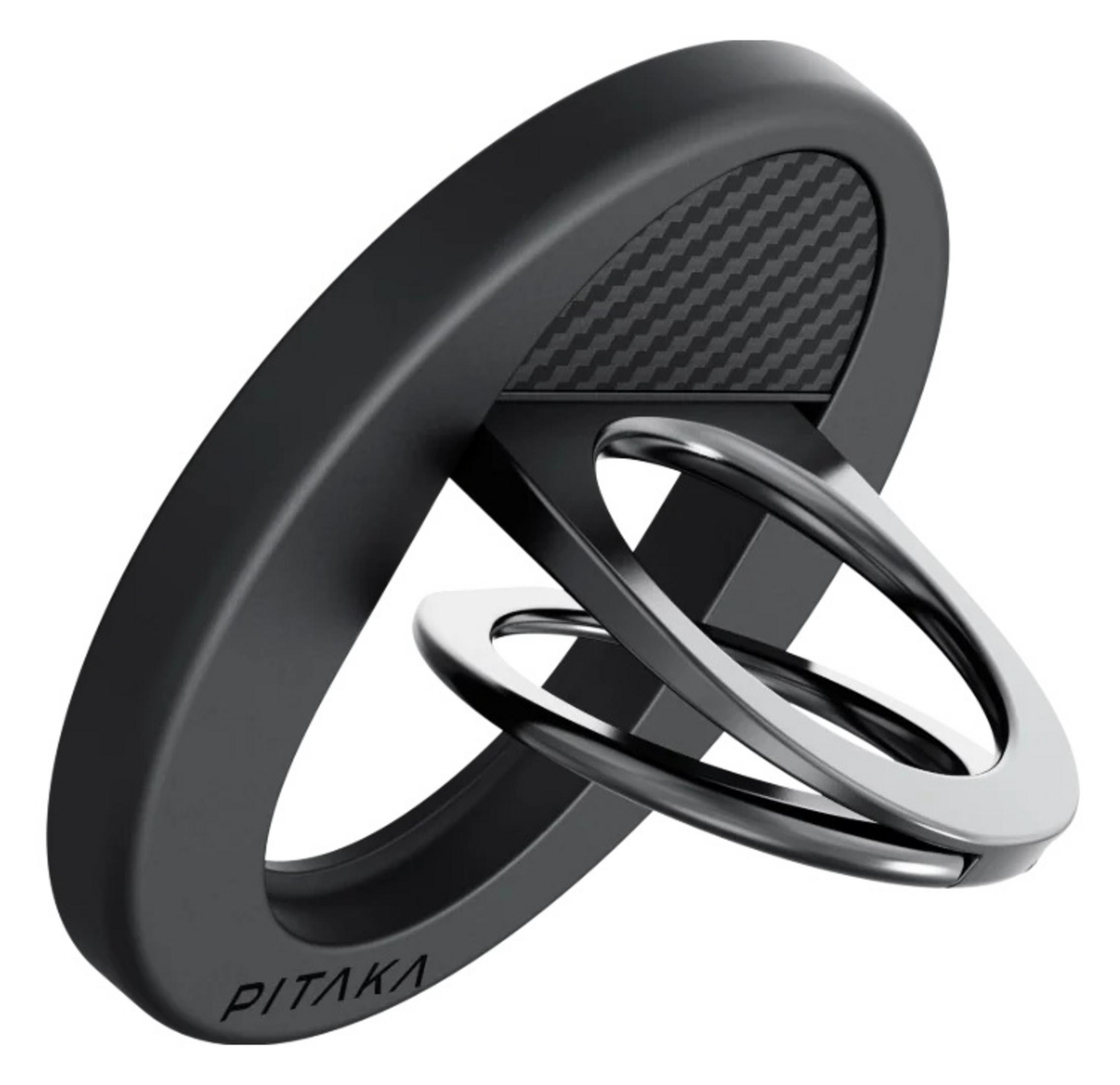 Un soporte de anillo para teléfono negro con anillos plateados sobre fondo blanco.