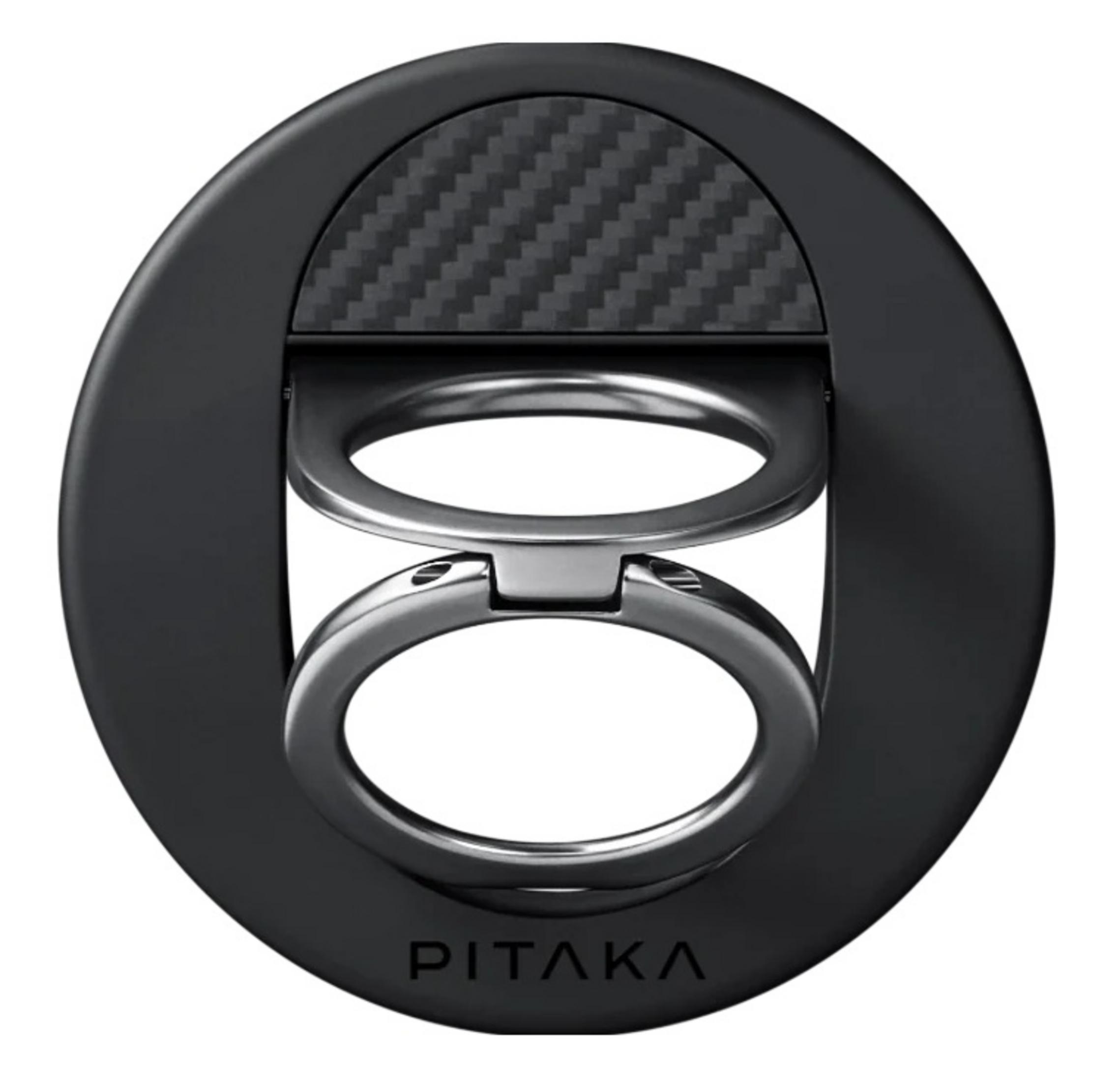 Soporte negro para teléfono con anillo y detalle de fibra de carbono. Marca PITAKA.