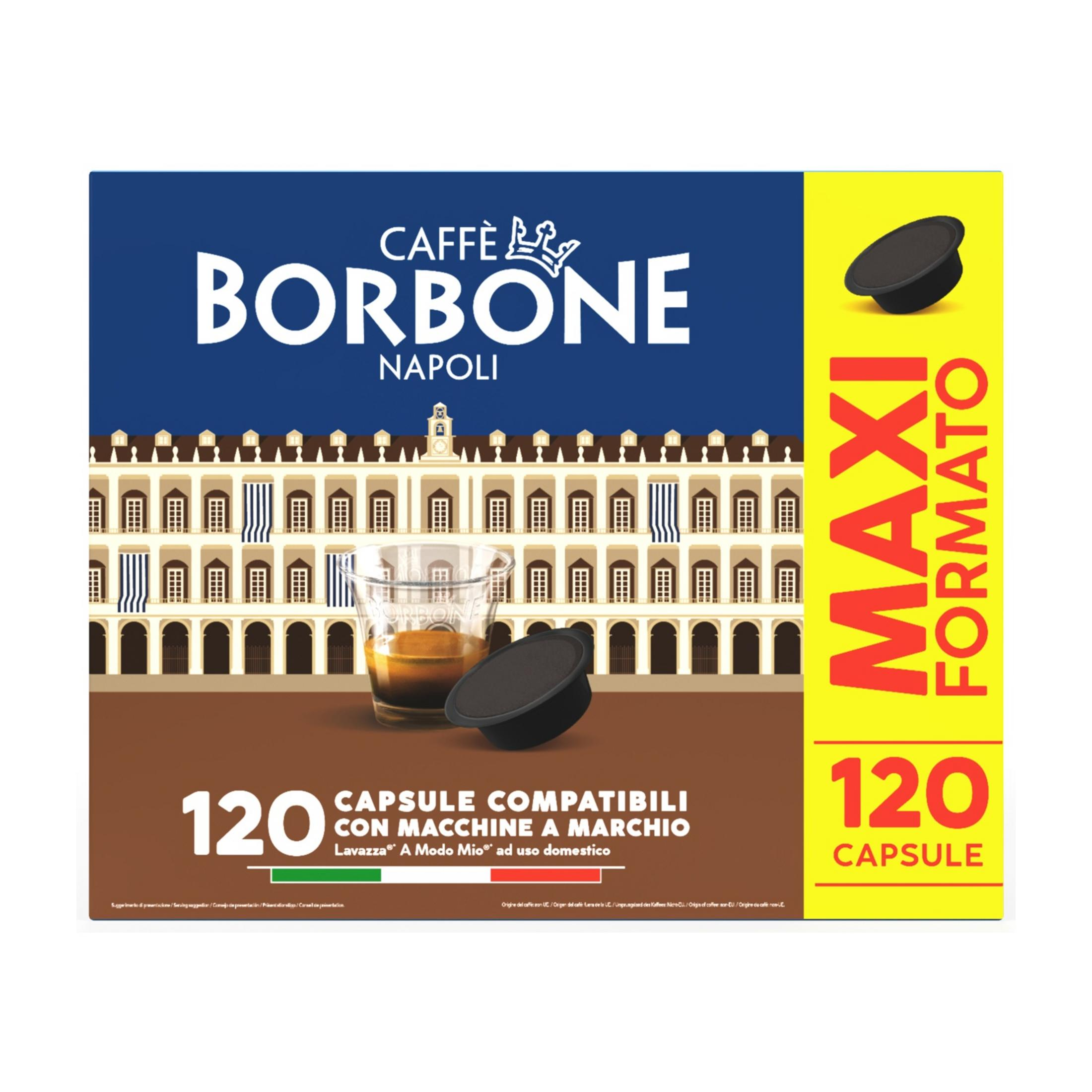 Confezione di capsule caffè Borbone con bicchiere di espresso e una capsula.