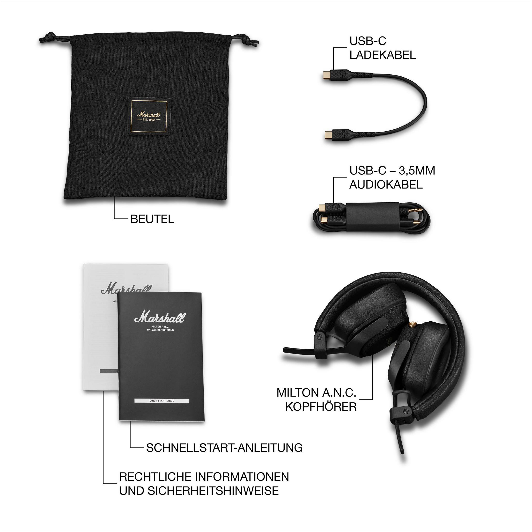 Cuffie Marshall con accessori: borsa, cavo di ricarica, cavo audio, manuale.