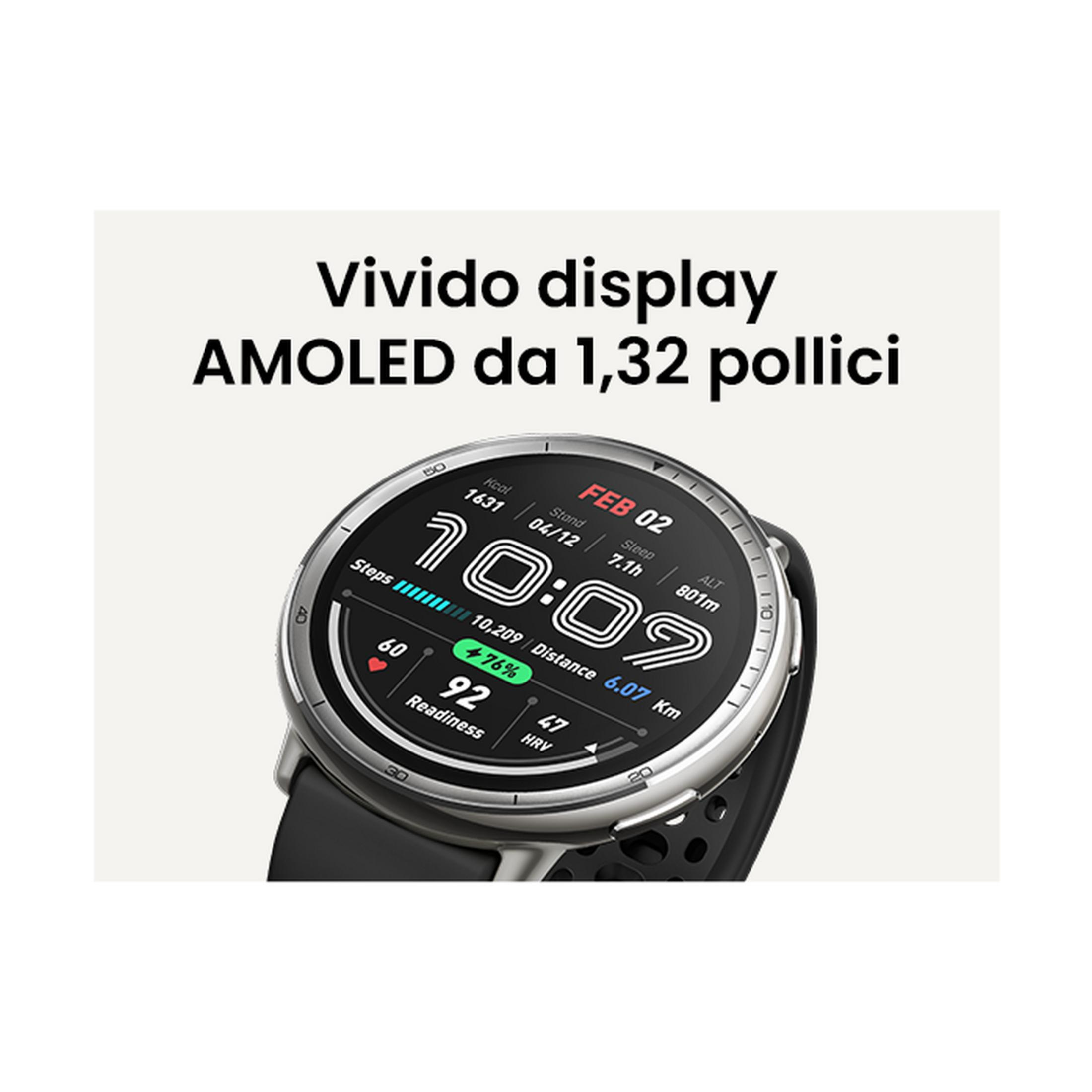 Un reloj inteligente con pantalla AMOLED muestra hora, fecha, pasos, distancia, calorías, sueño, altitud y ritmo cardíaco.