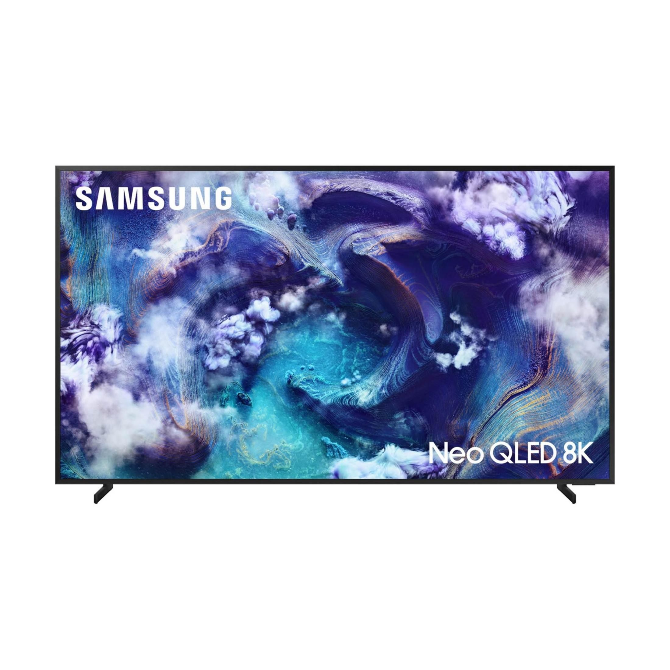 Una TV Samsung Neo QLED 8K con uno sfondo astratto e vorticoso nei toni del blu e del viola.
