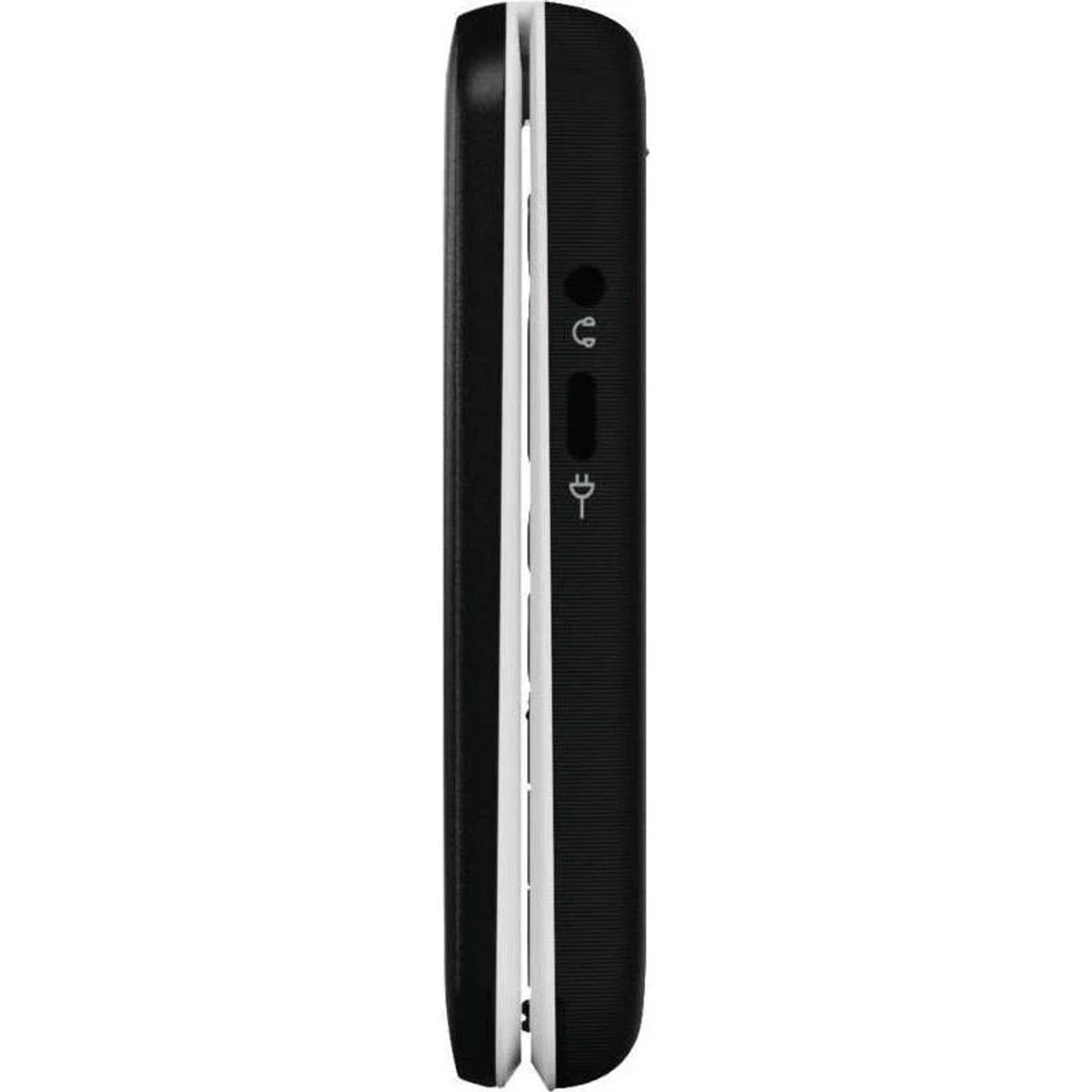 Vista lateral de un teléfono móvil negro con detalles blancos e iconos de auriculares/carga.