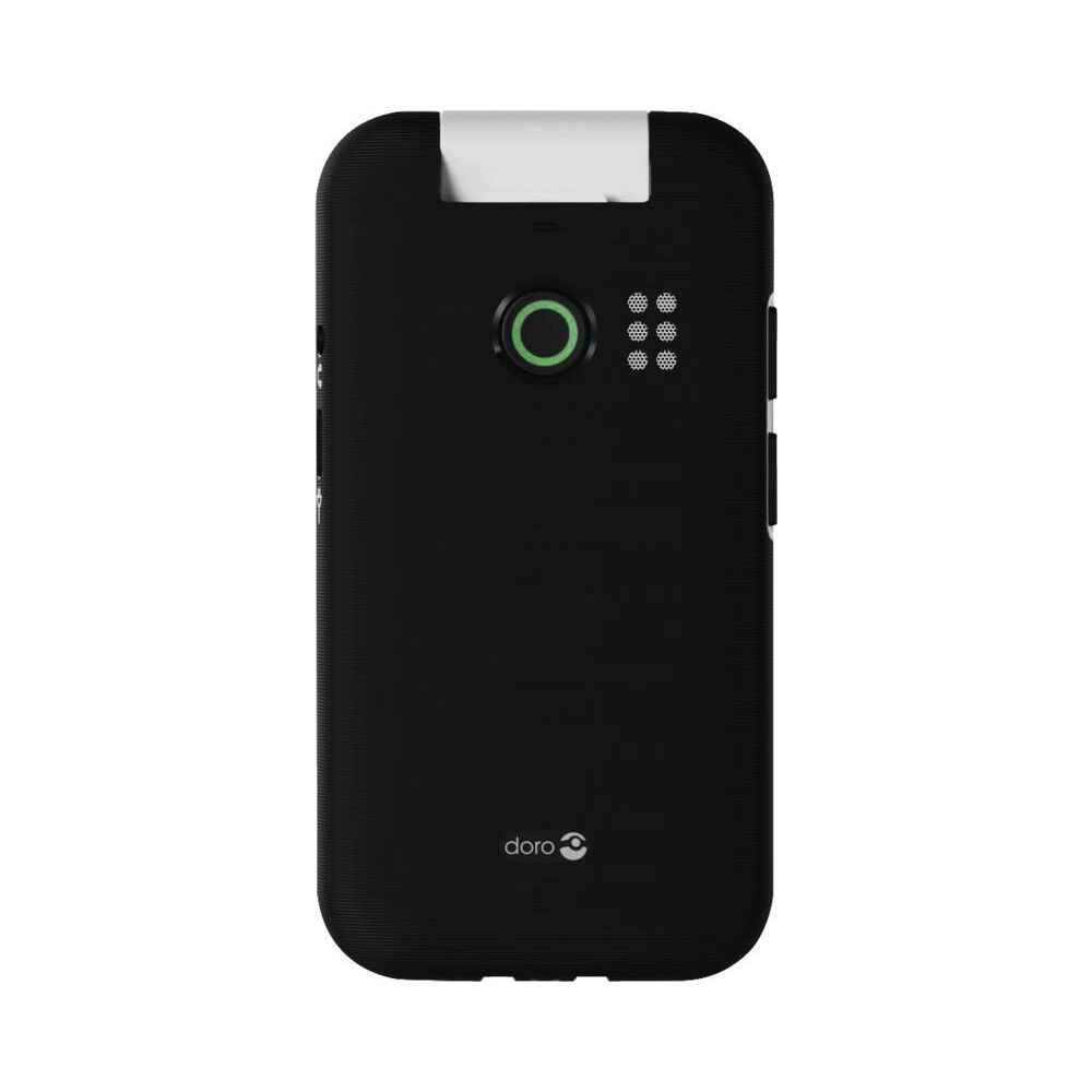 Teléfono Doro negro con botones redondos y orificios para altavoz.