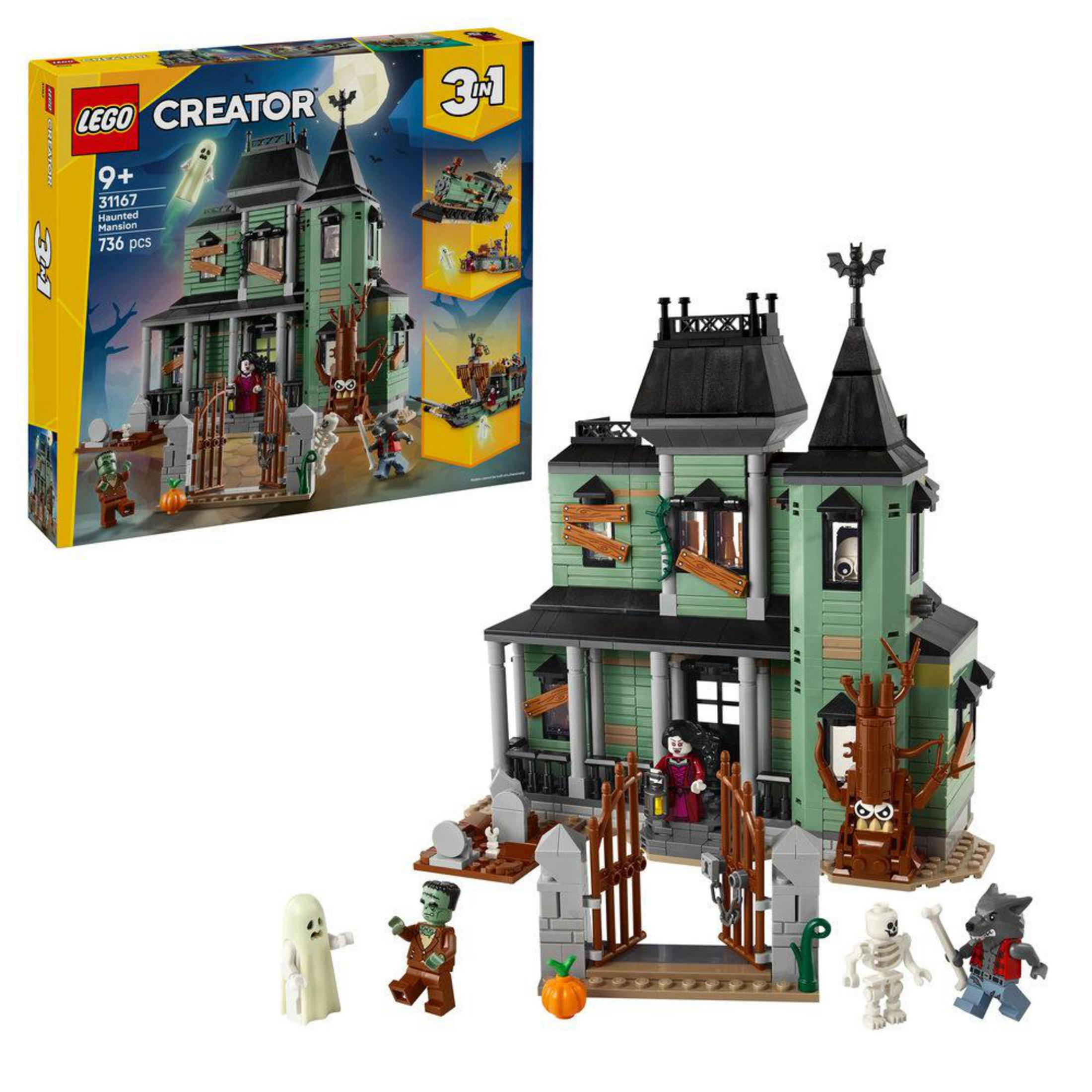 Set LEGO casa infestata verde con figure: fantasma, Frankenstein, scheletro e lupo mannaro.