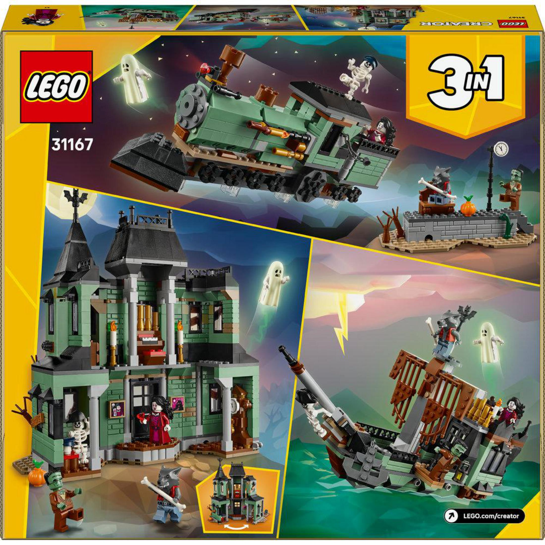 Treno fantasma, casa infestata e nave pirata LEGO Creator 3in1 con figure.