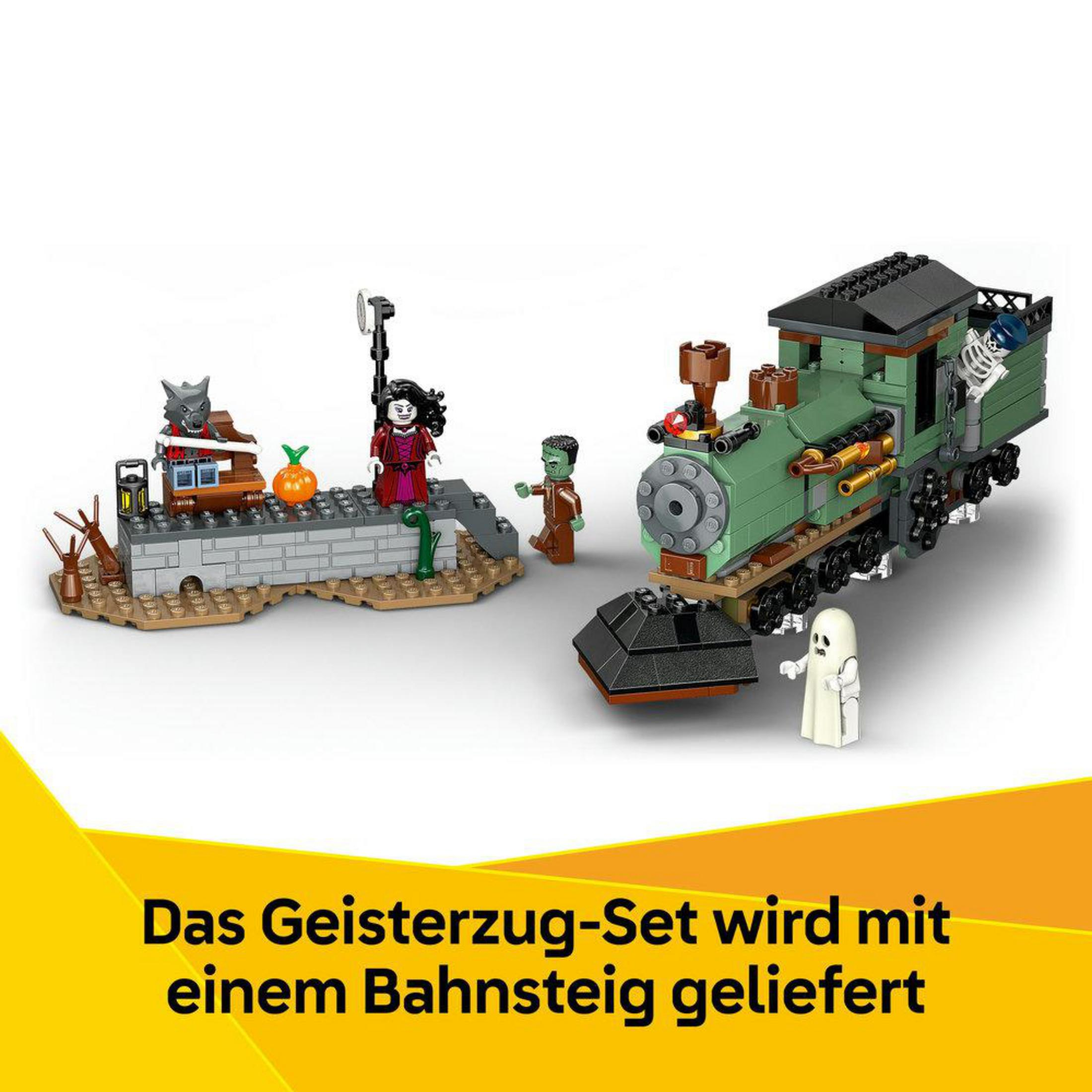 Set Lego con treno verde, fantasma, zombie, lupo e piattaforma.