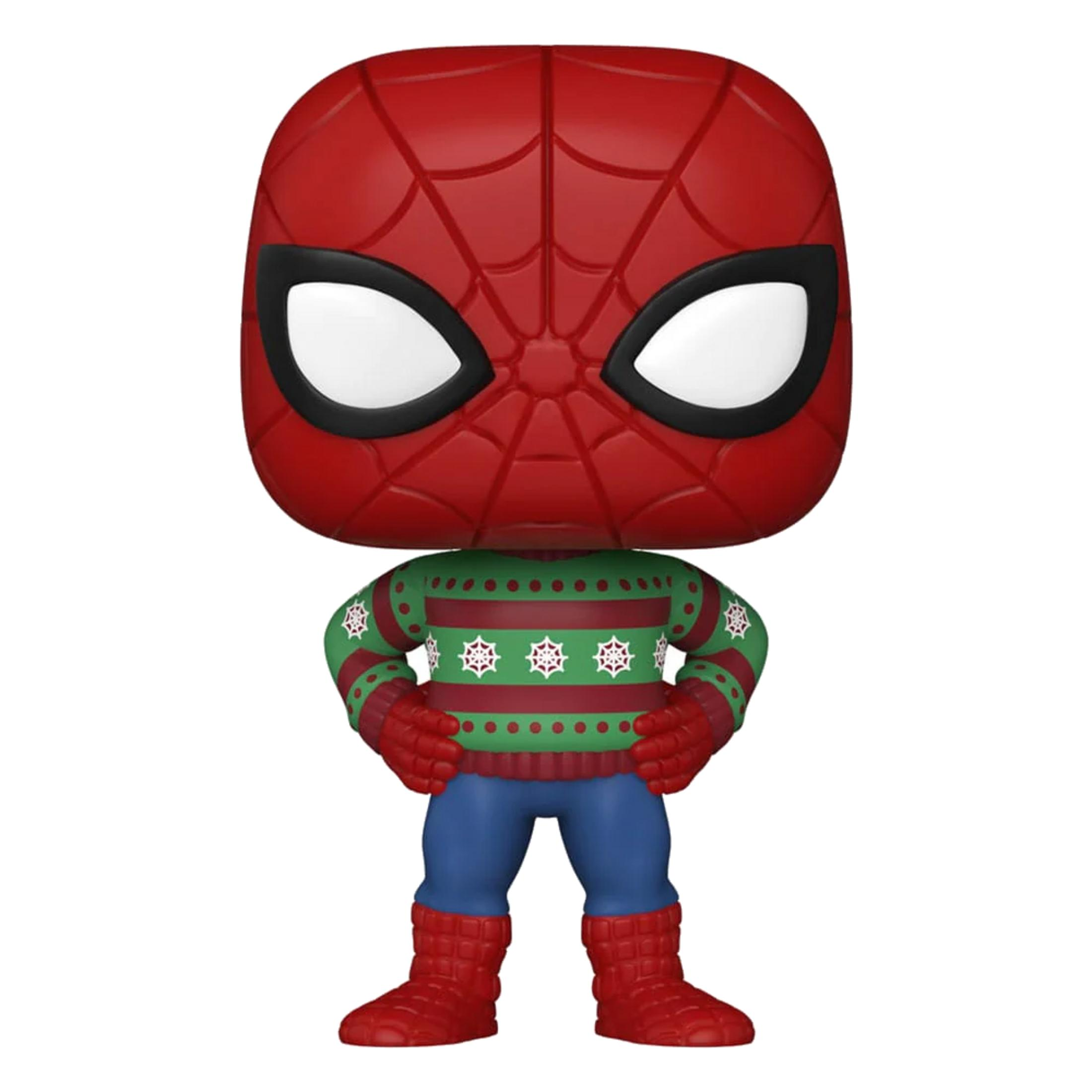 Figura Funko Pop de Spider-Man con un suéter festivo.