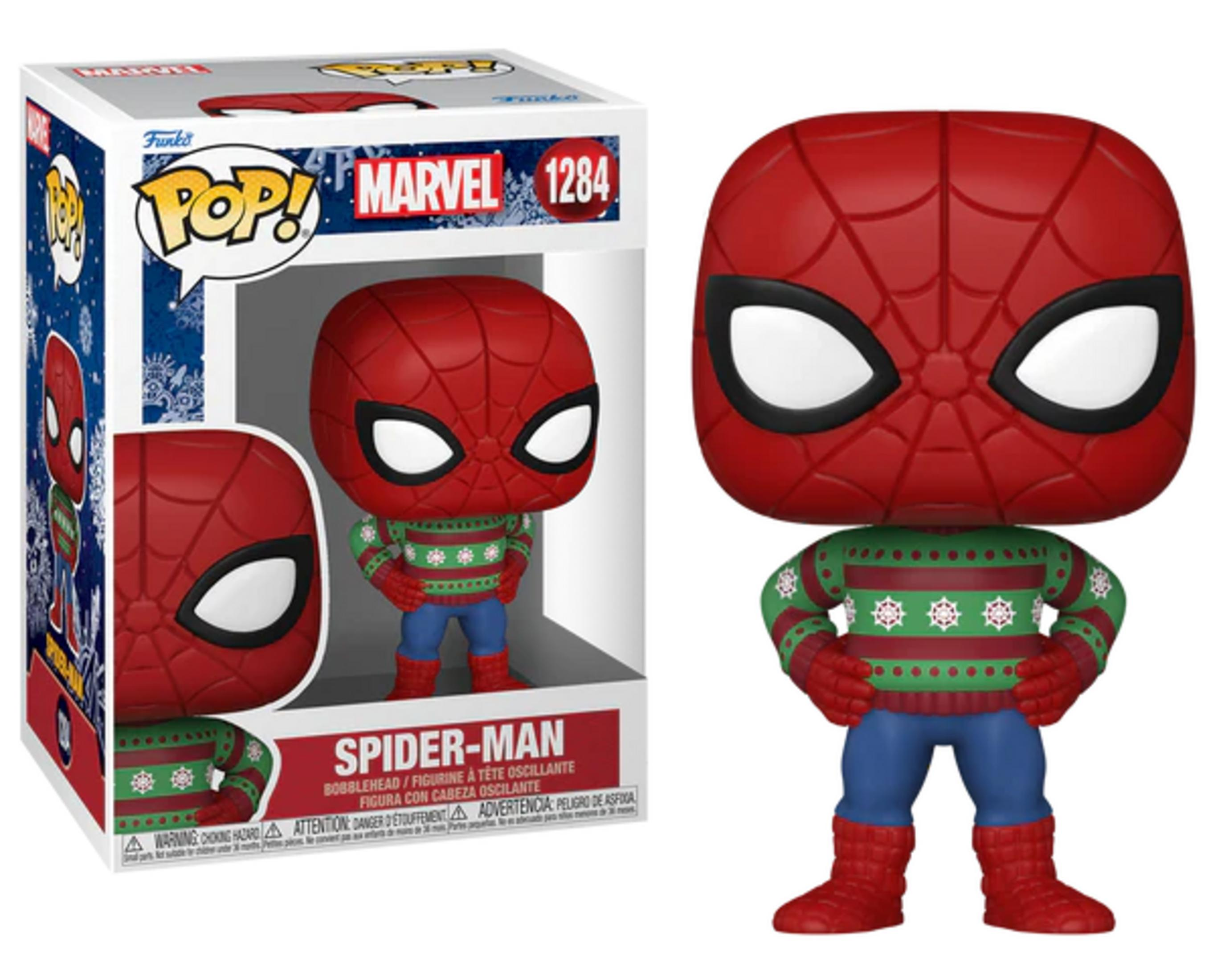 Figurita Funko Pop! Spider-Man con suéter festivo, rojo, azul, verde.