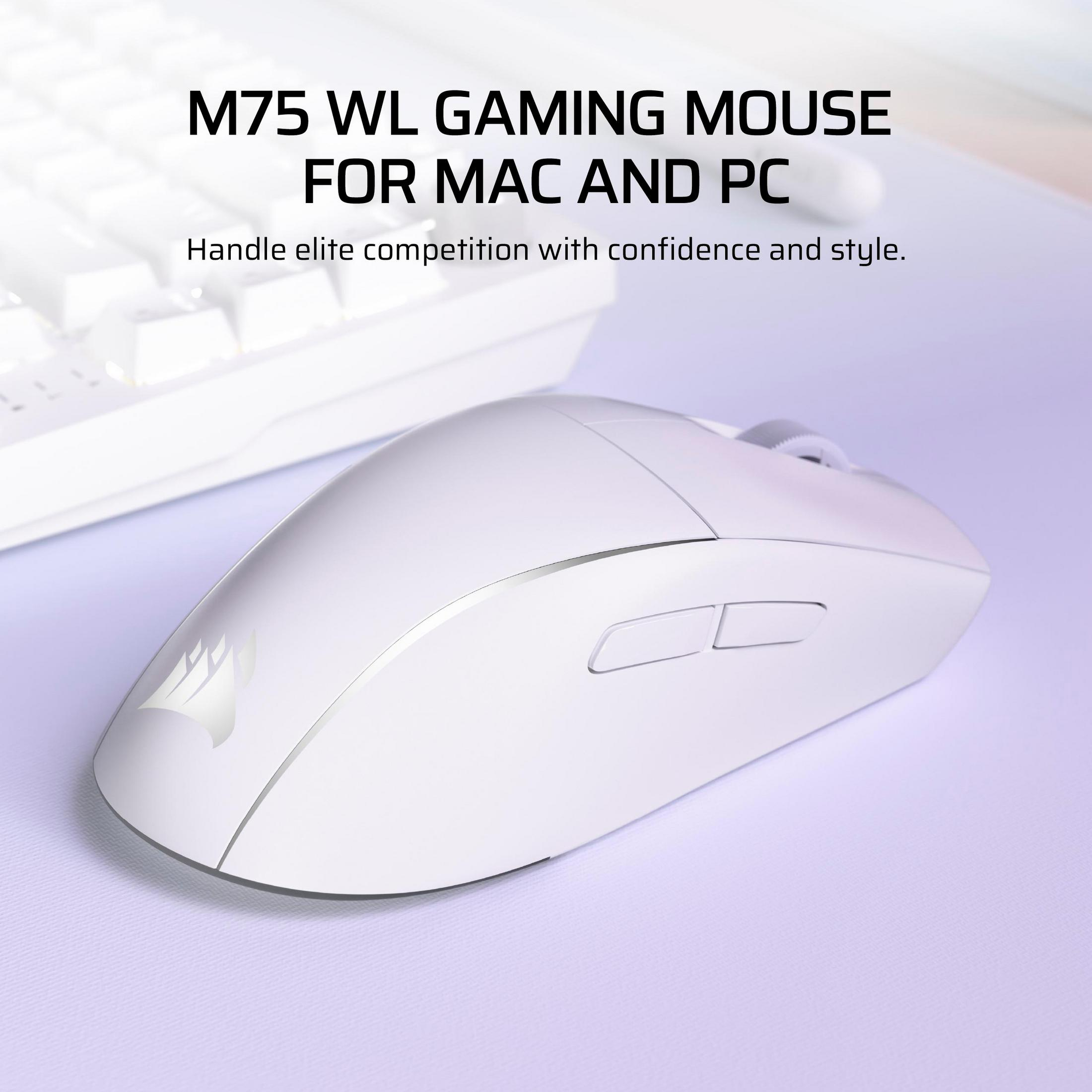 Ratón gaming blanco sobre alfombrilla morada, teclado al lado.