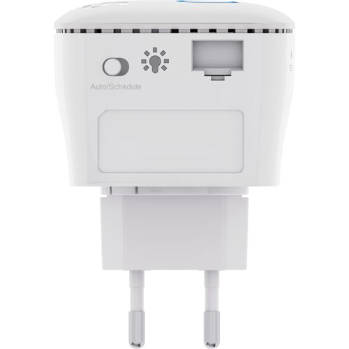 Weißer Steckeradapter mit Schalter, Lichtsymbol und Sensor.