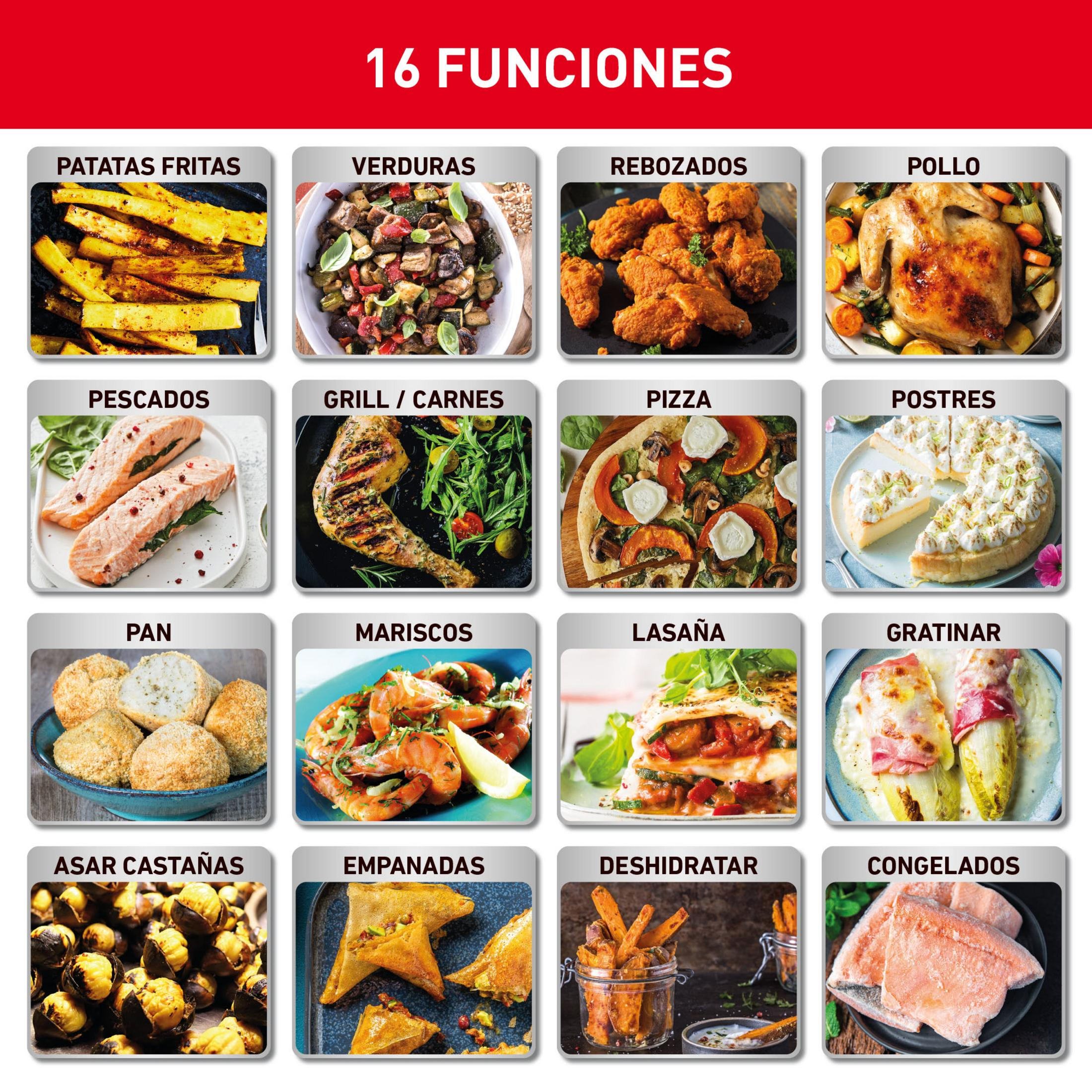 16 funzioni: patatine fritte, verdure, impanati, pollo, pesce, grigliata/carne, pizza, dolci, pane, frutti di mare, lasagna, gratin, castagne, empanadas, disidratati, surgelati.