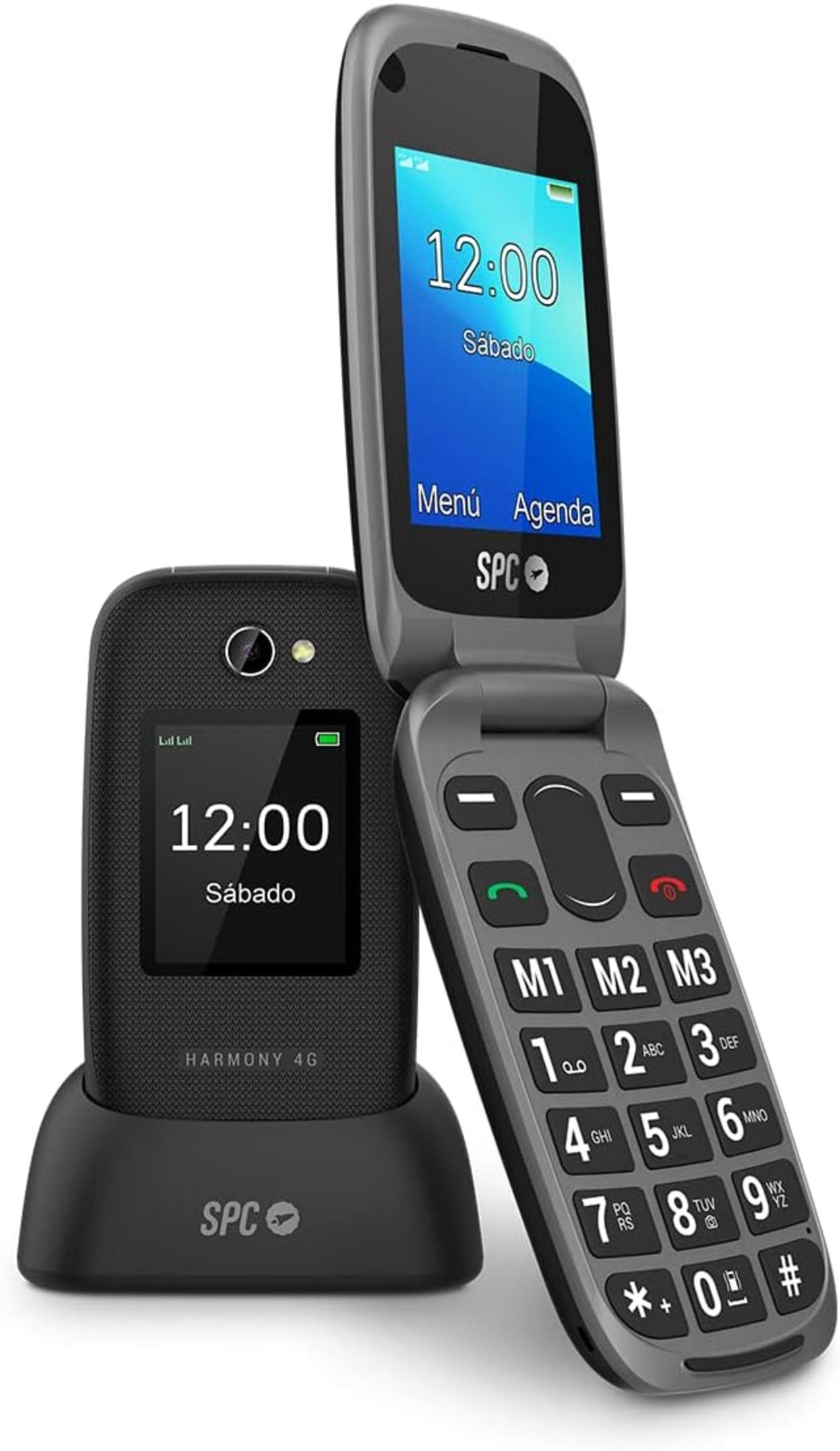 Un telefono a conchiglia grigio con tastiera grande e due schermi.