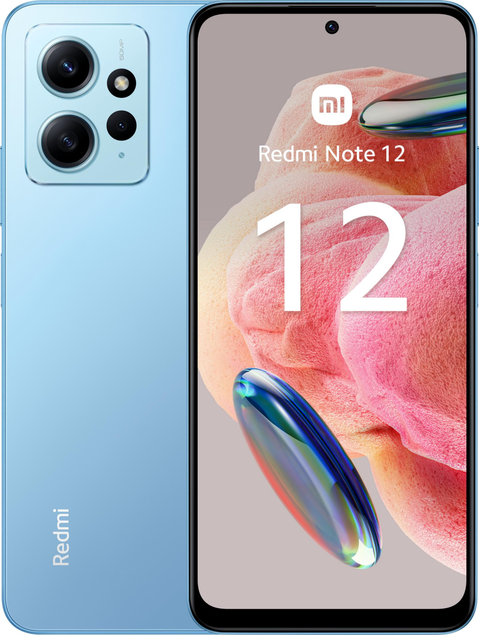Uno smartphone azzurro con tre fotocamere posteriori e uno schermo con la scritta 'Redmi Note 12'.