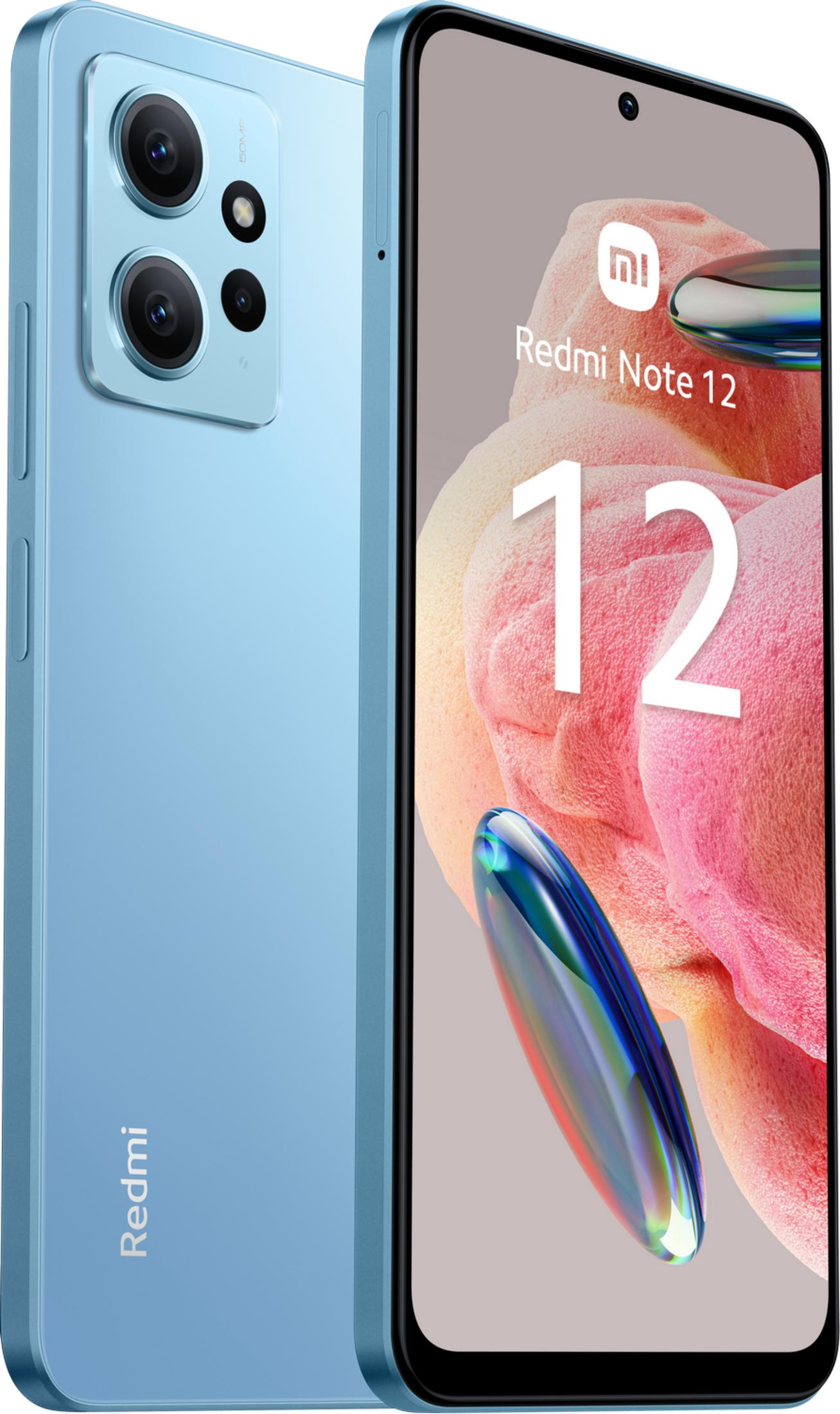 Uno smartphone Redmi Note 12 blu con tre fotocamere sul retro.