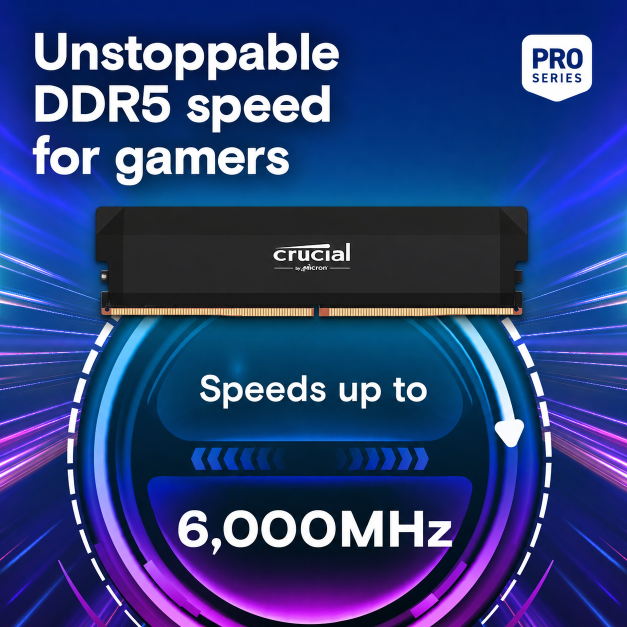 Crucial DDR5 RAM-Riegel mit 'Pro Series'-Logo. Geschwindigkeiten bis 6.000 MHz.
