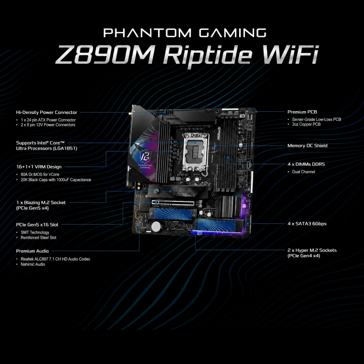 ASRock Z890M Riptide WiFi Mainboard mit CPU-Sockel, RAM-Steckplätzen und M.2-Steckplätzen.
