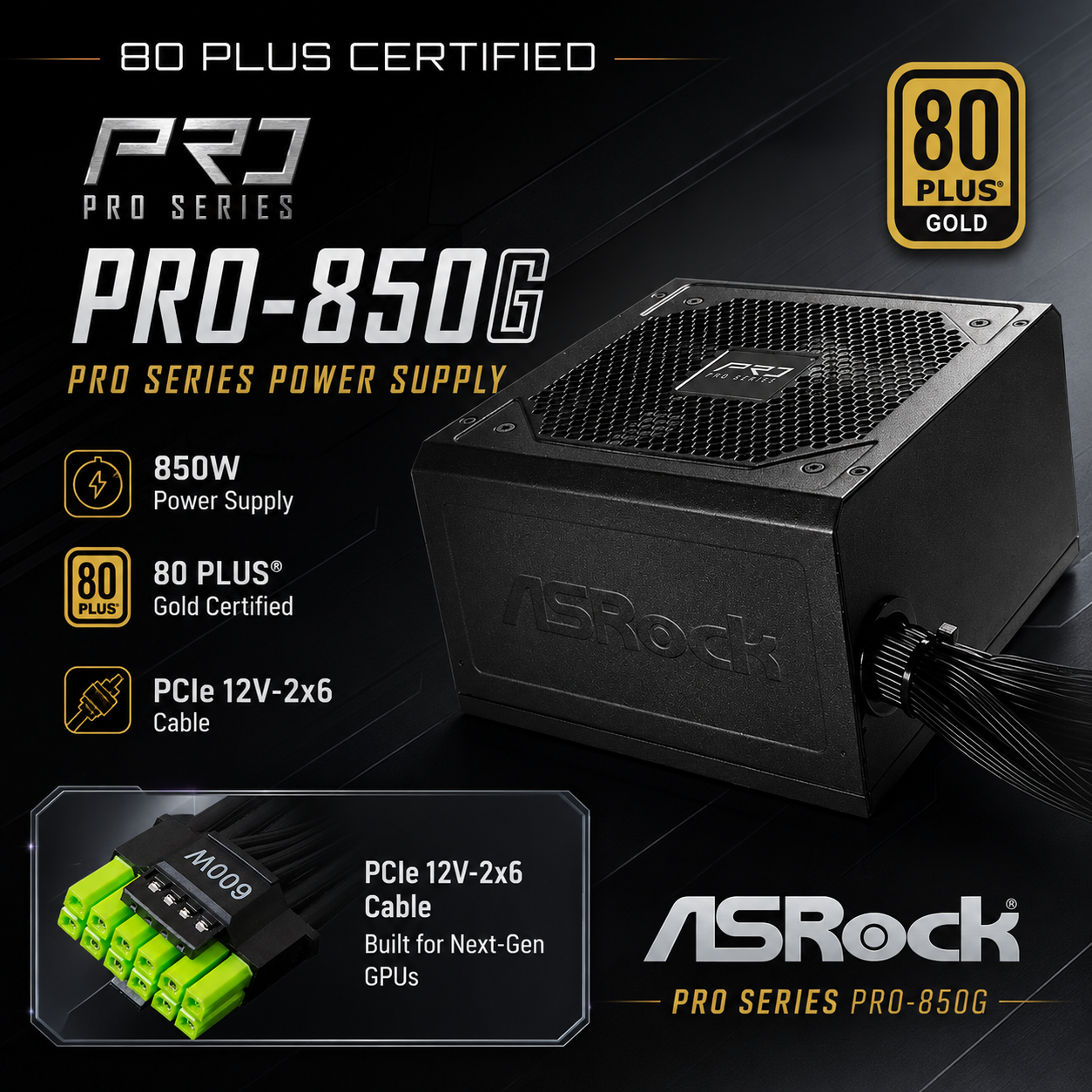 ASRock PRO 850W Gold-zertifiziertes Netzteil mit PCIe 12V-2x6 Kabel.