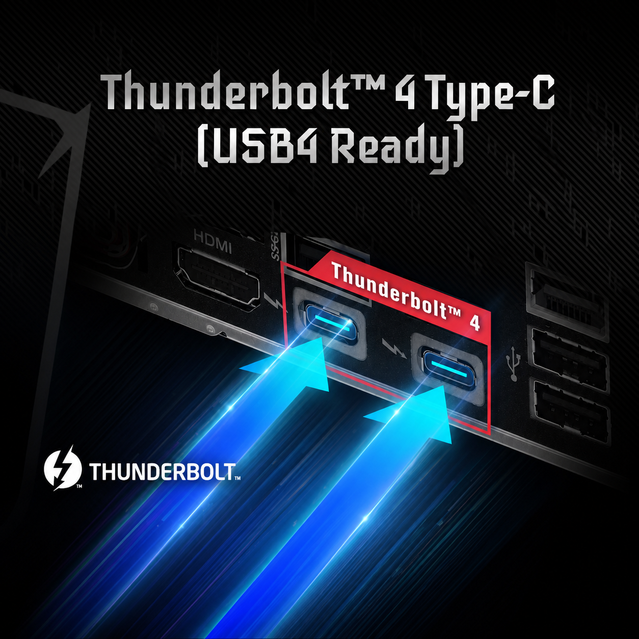 Nahaufnahme von Thunderbolt 4 Typ-C-Anschlüssen auf einer Platine, mit blauen Pfeilen.
