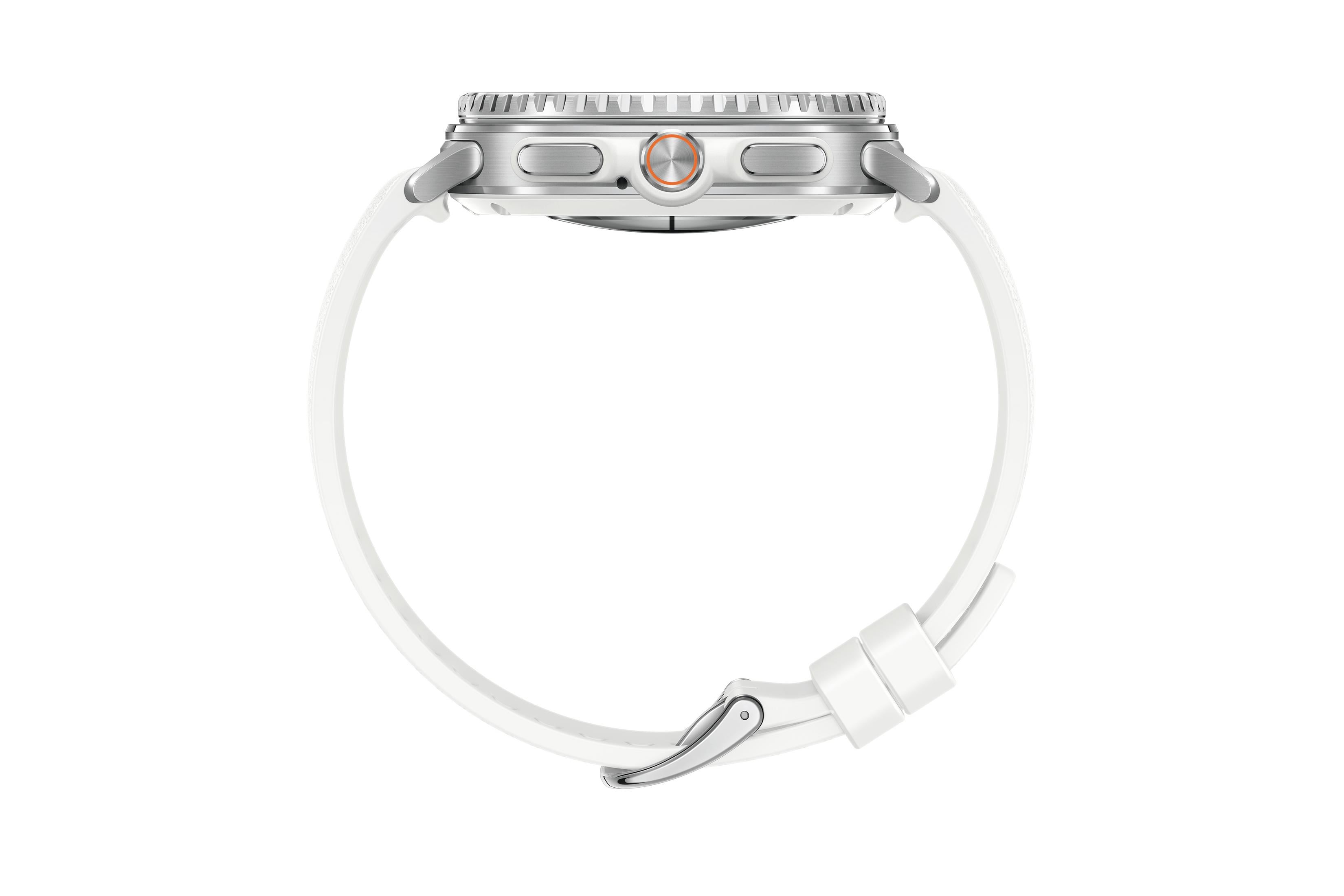 Een zilverkleurig smartwatch met witte band, zijaanzicht.