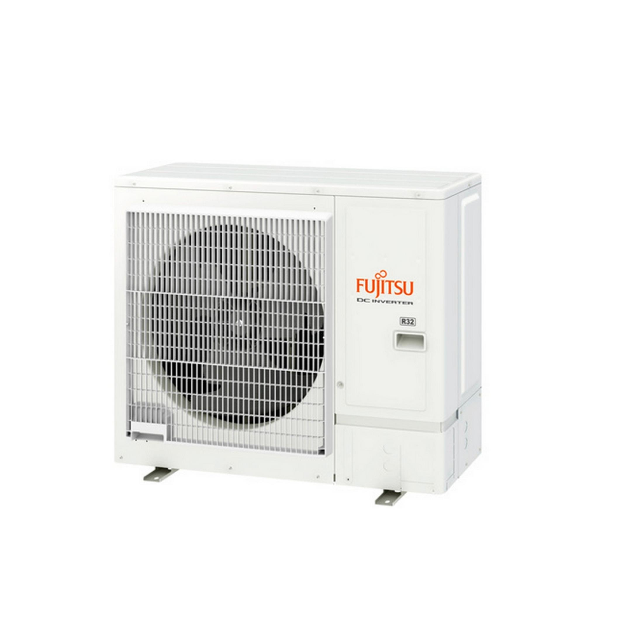 Una unidad exterior Fujitsu DC Inverter blanca con rejilla y logo.