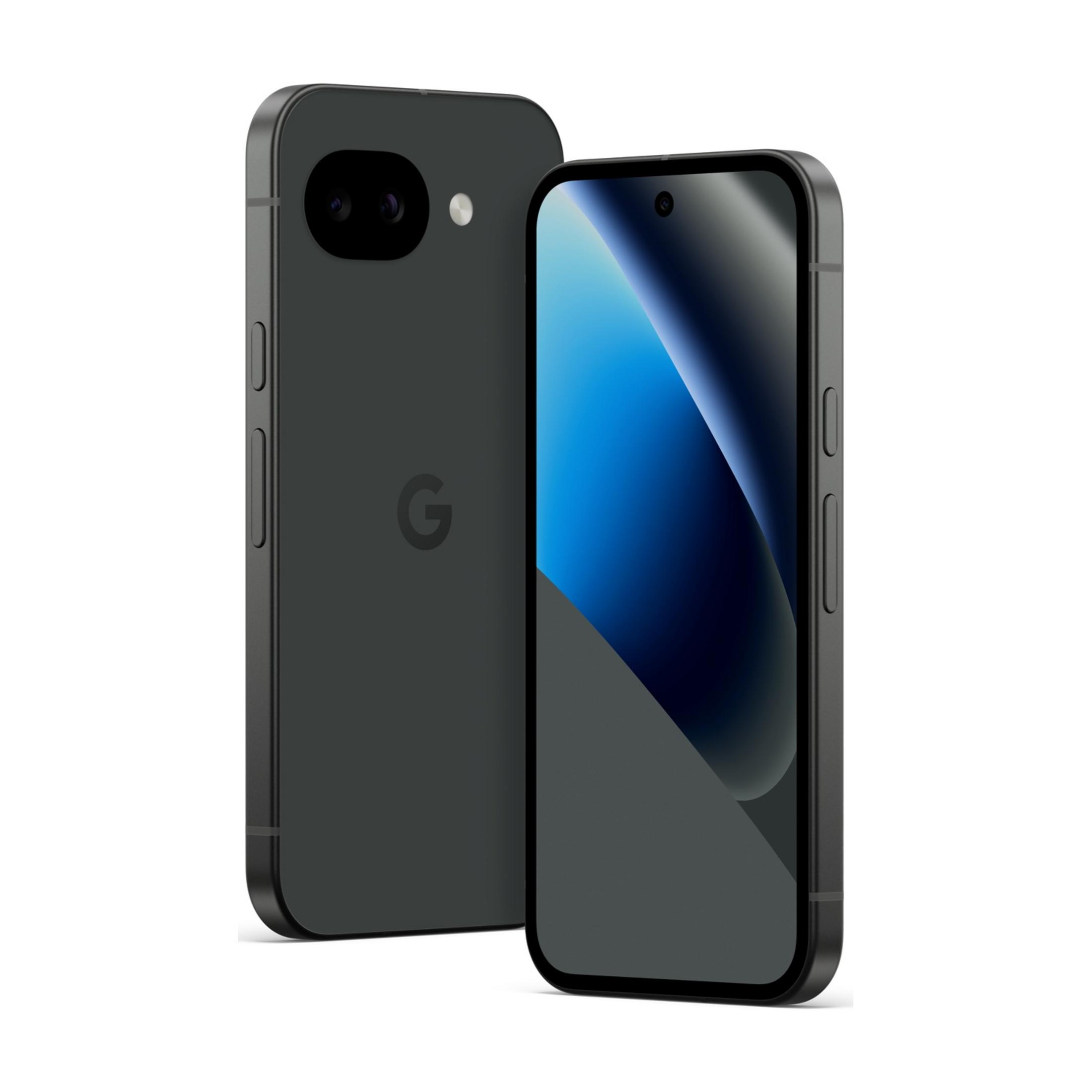 Zwei dunkle Smartphones, eines mit Kameras und Google-Logo, das andere mit blauem Bildschirm.