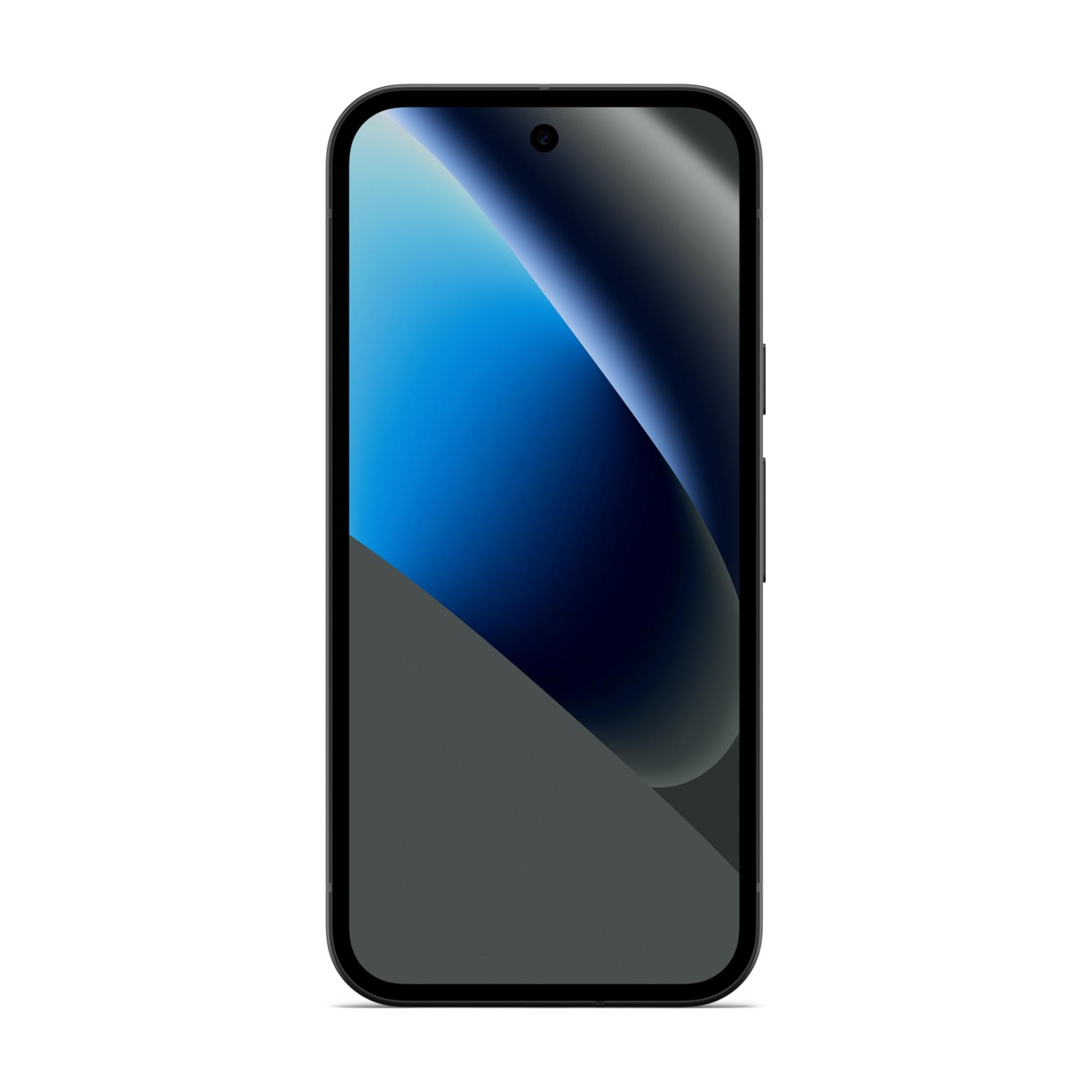 Ein schwarzes Smartphone mit einem blauen und grauen Hintergrundbild.