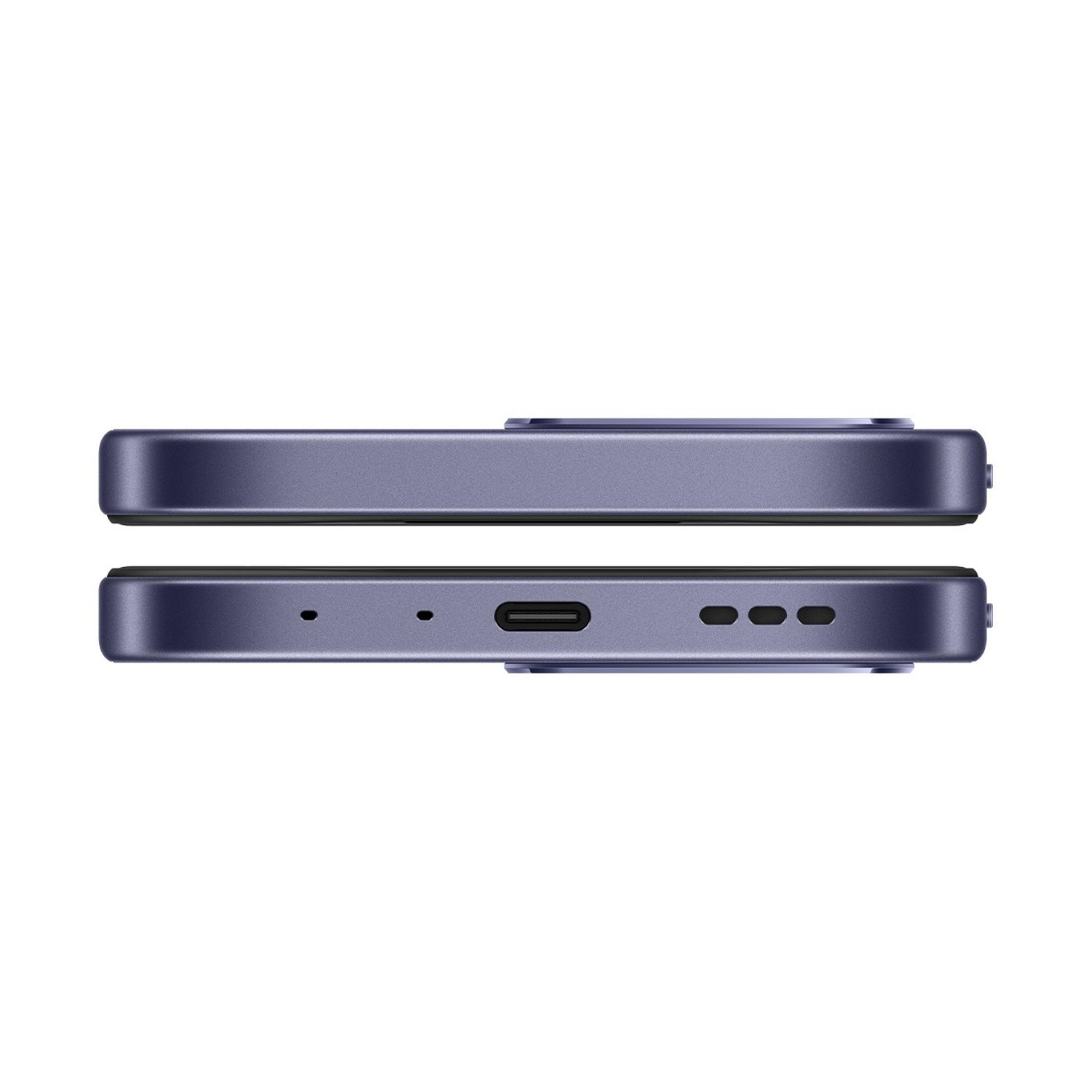 Vista inferiore smartphone viola con porta USB-C e griglie altoparlanti.