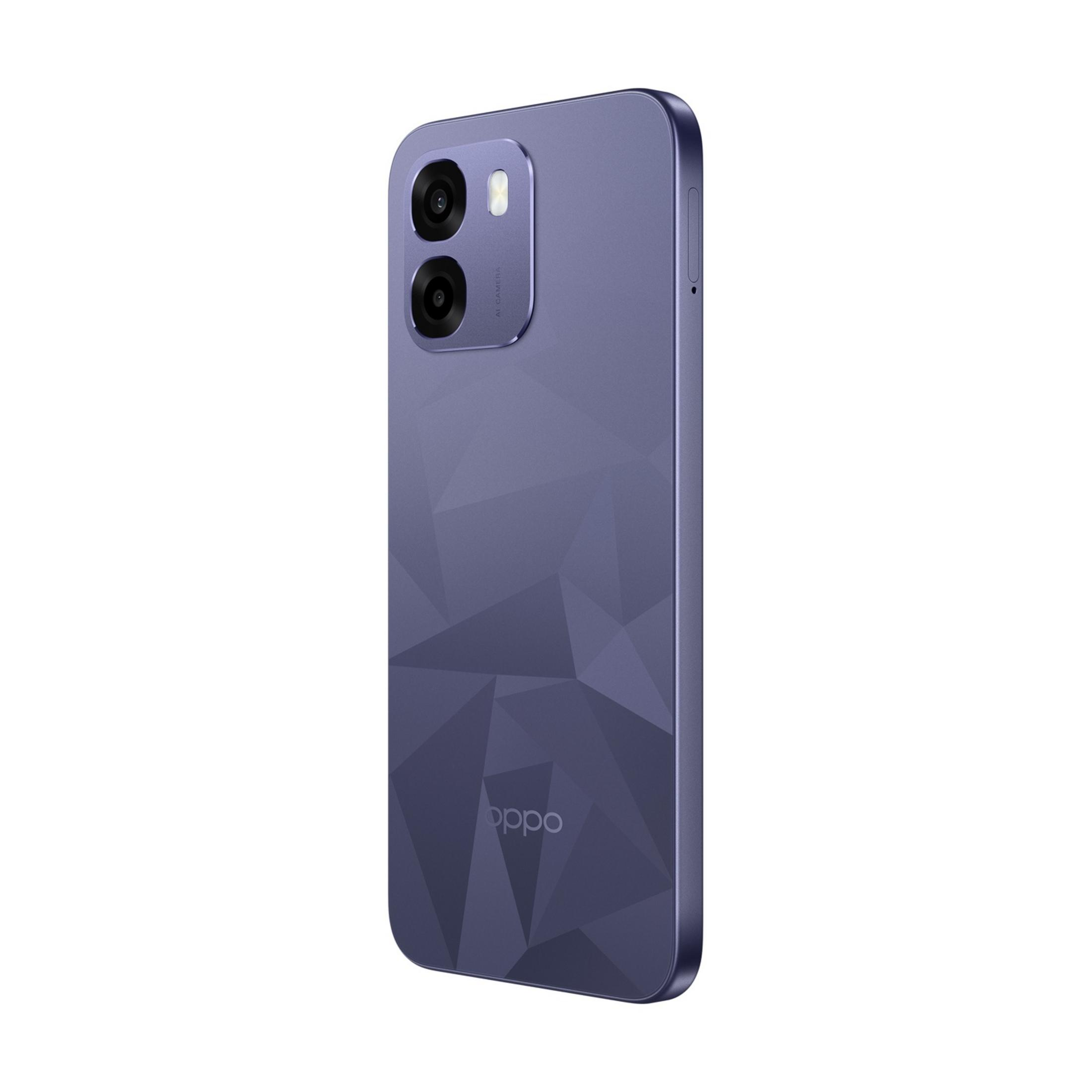 Smartphone viola con due fotocamere e motivo geometrico sul retro.