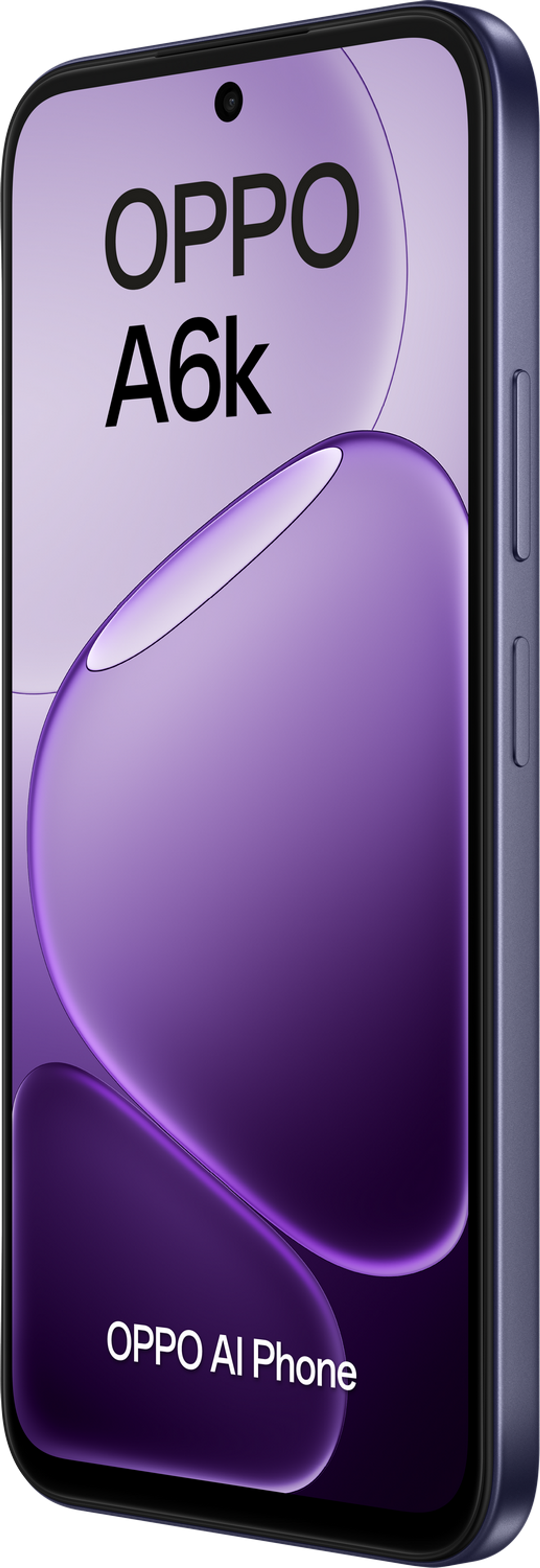 Uno smartphone OPPO A6k viola con il testo "OPPO AI Phone".