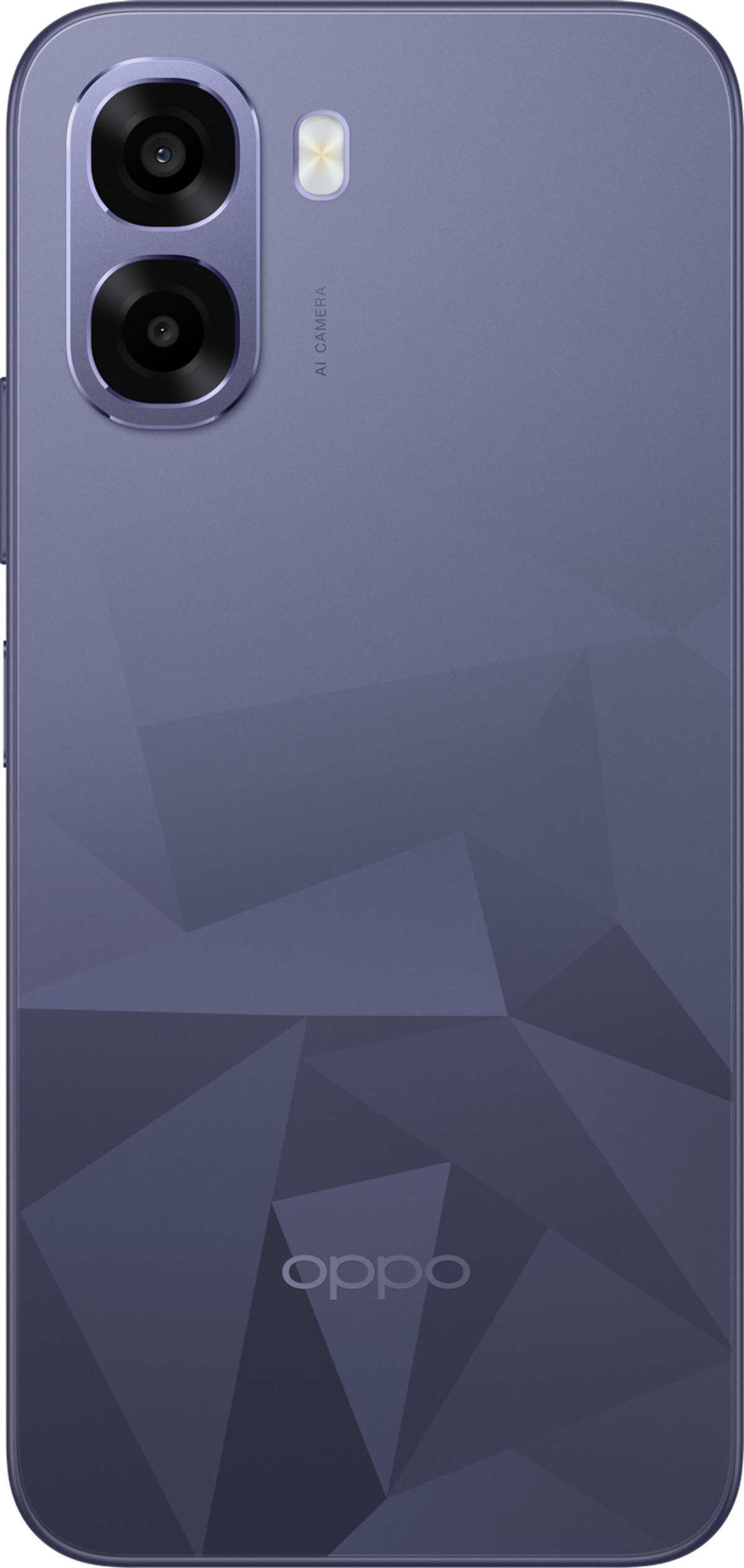Retro di uno smartphone viola con doppia fotocamera e motivo geometrico.