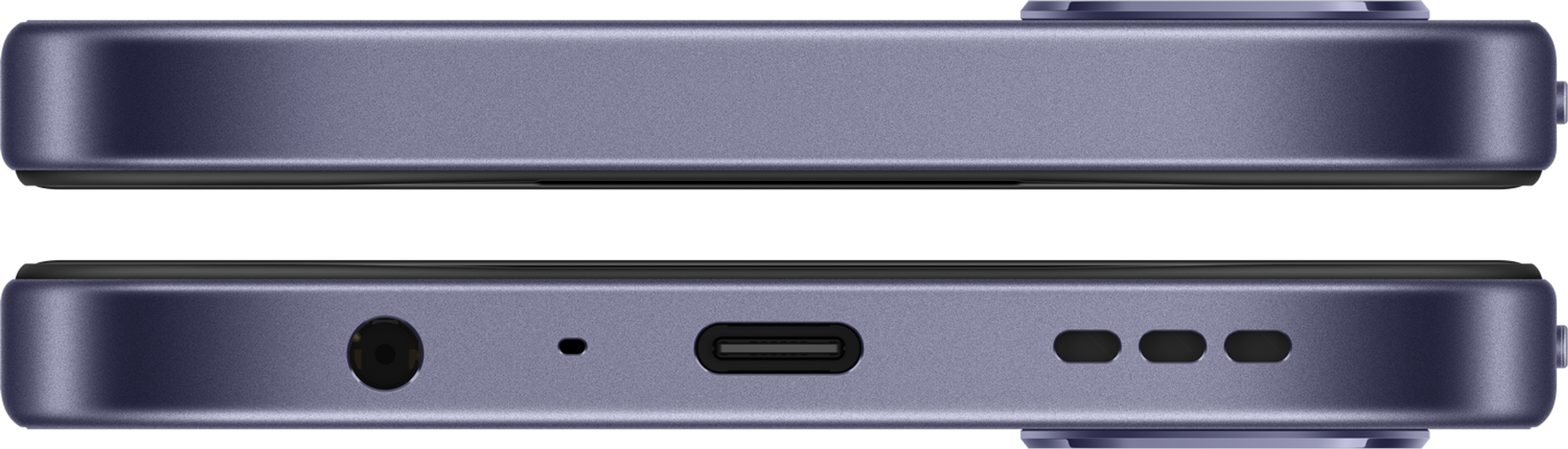 Parte inferiore di uno smartphone viola con USB-C, jack per cuffie e griglie altoparlanti.