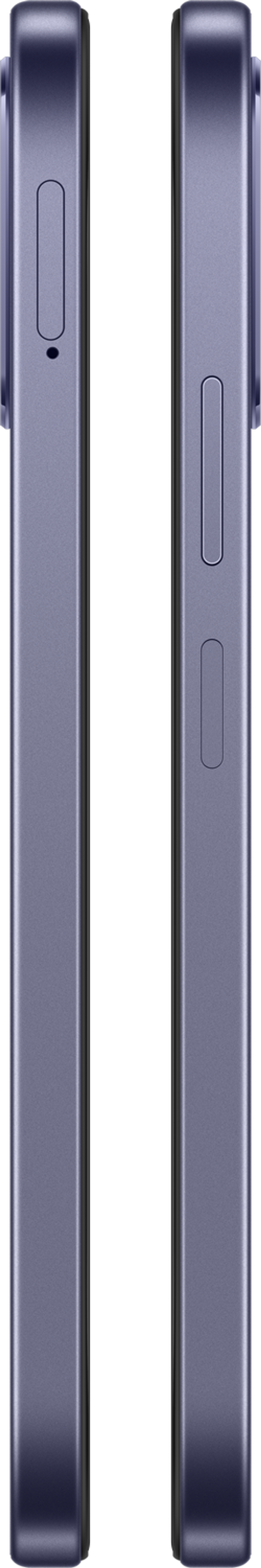 Due smartphone viola uno accanto all'altro, vista laterale con pulsanti.