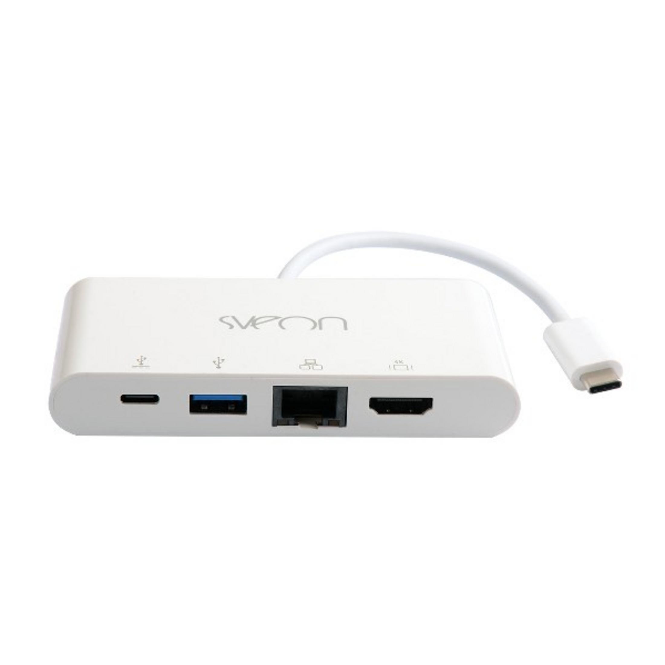 Un adattatore USB-C bianco con porte USB, Ethernet e HDMI.