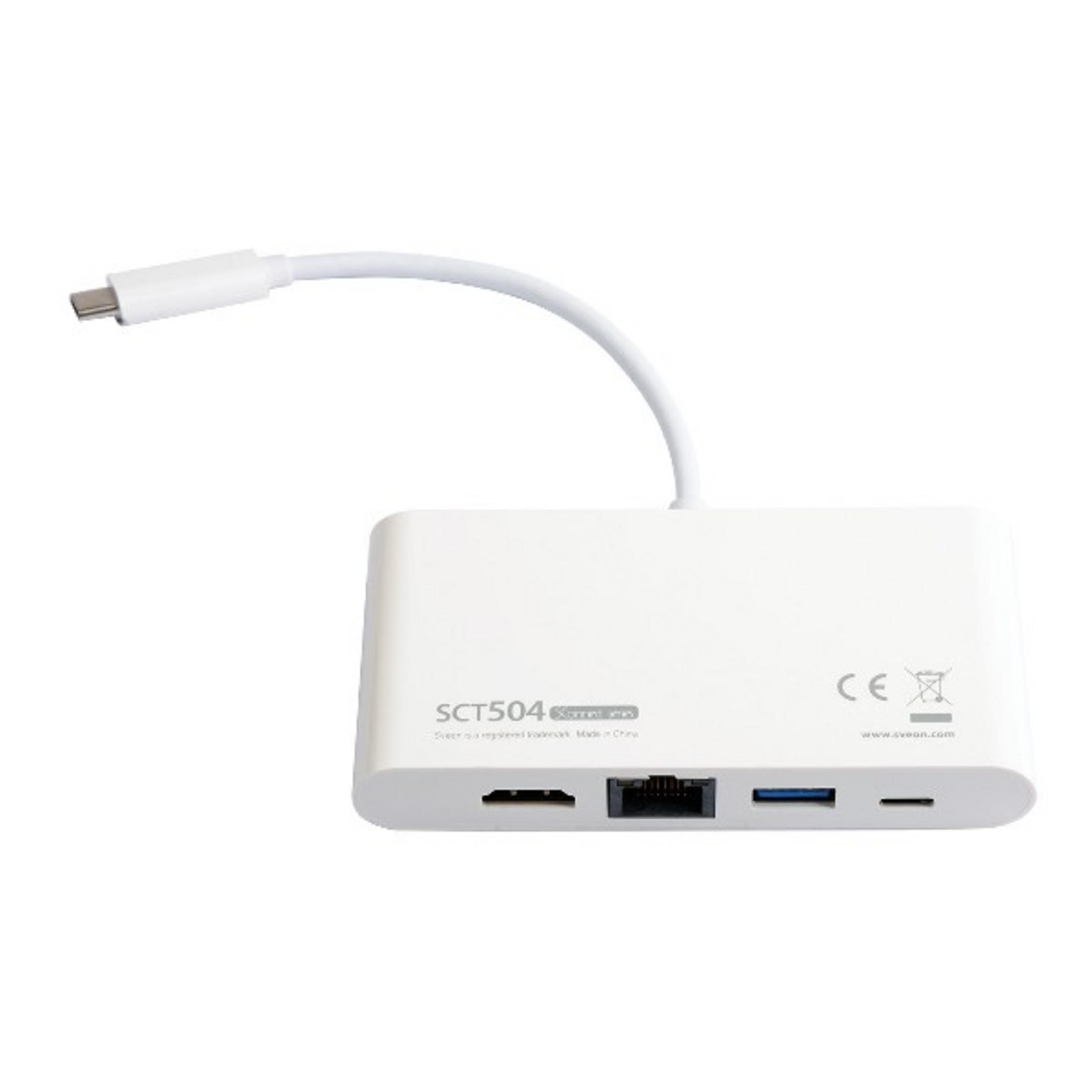 Un hub USB-C bianco con porte HDMI, Ethernet e USB.