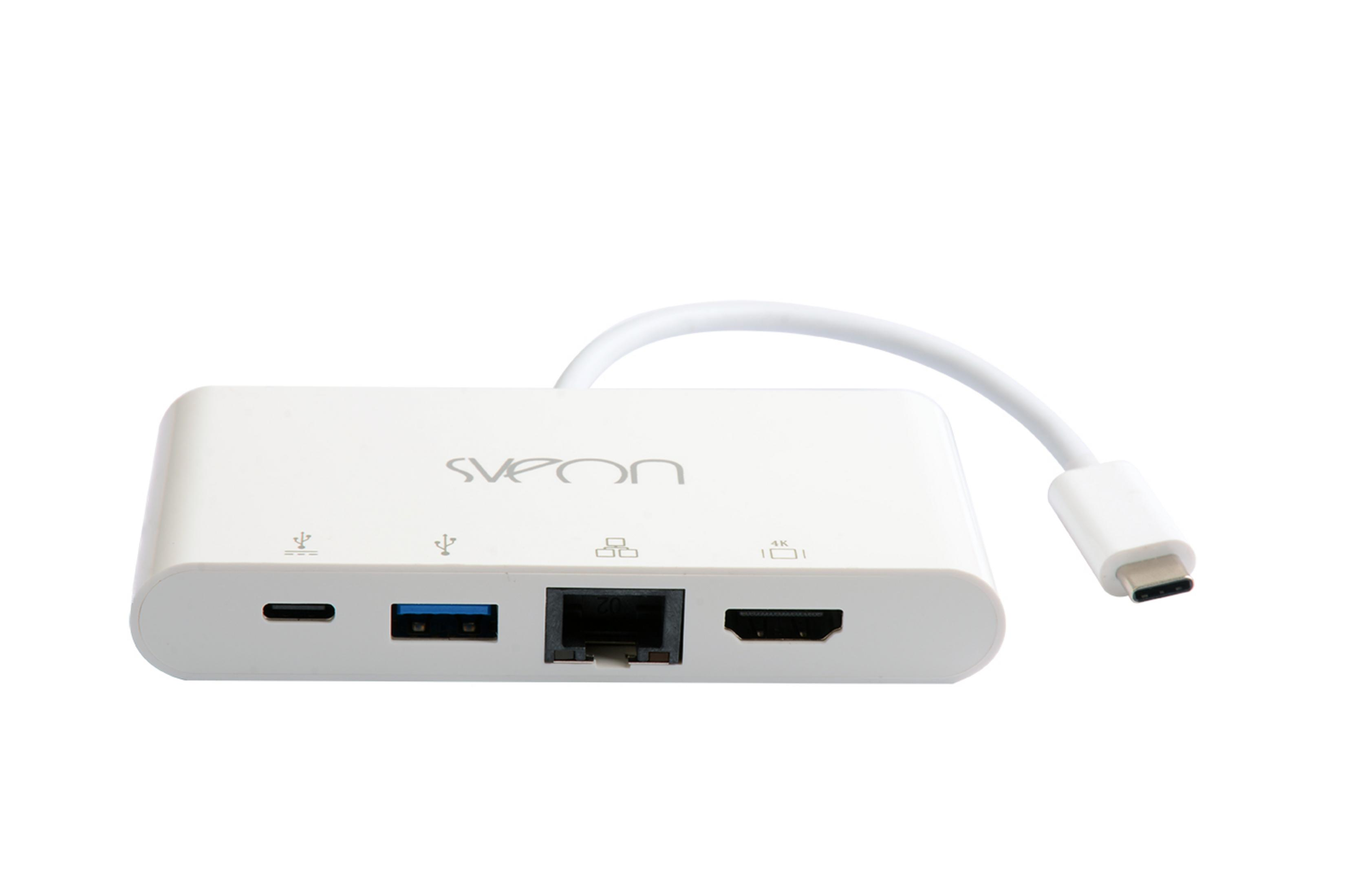 Un hub USB-C bianco con porte: USB-C, USB-A, Ethernet e HDMI.