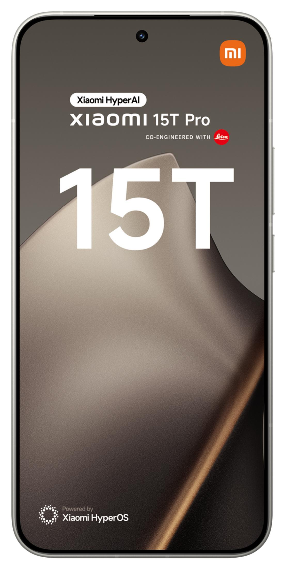 Xiaomi 15T Pro con HyperAI e marchio Leica, su sfondo grigio.