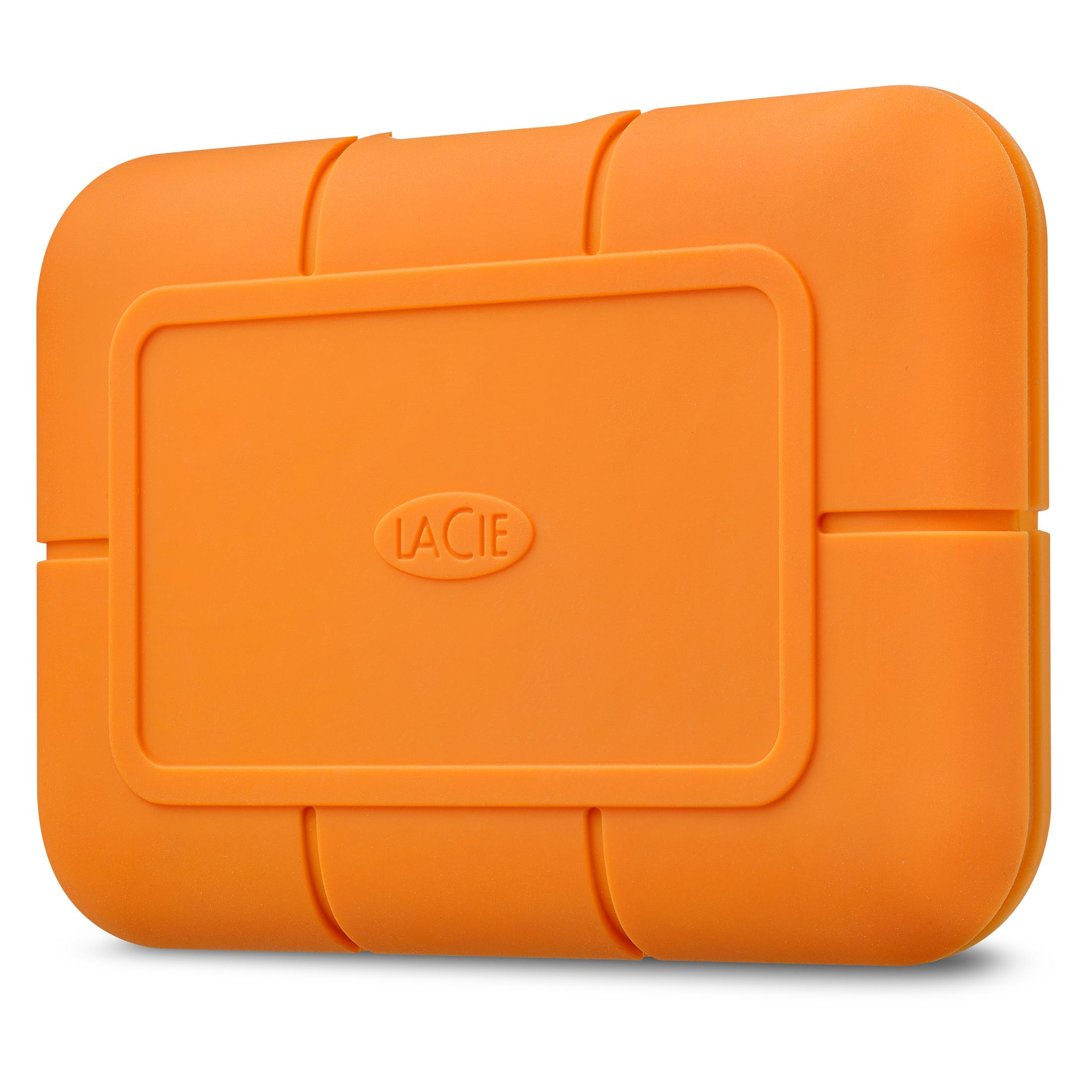 Un hard disk esterno LaCie arancione dal design a coste, isolato su sfondo bianco.