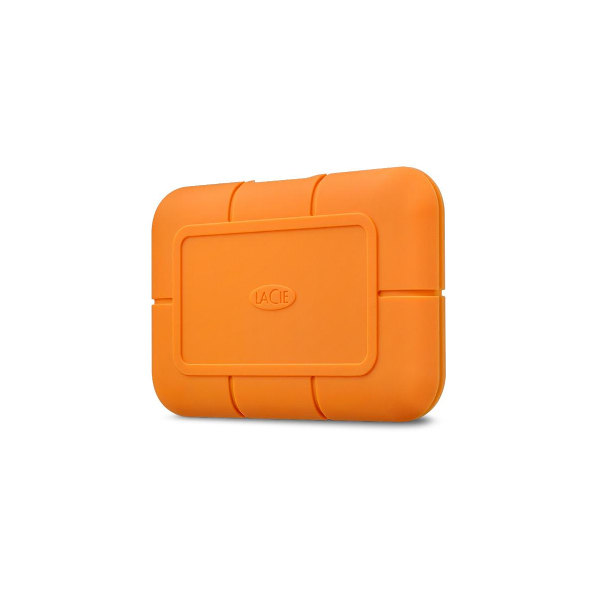 Una custodia arancione per disco rigido esterno LaCie Rugged dal design scanalato.