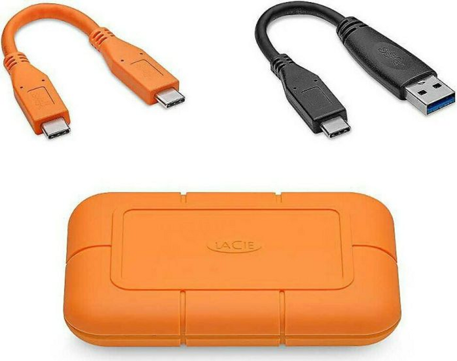 Cavo USB-C a USB-C arancione, cavo USB-C a USB-A nero e disco rigido esterno LaCie arancione.